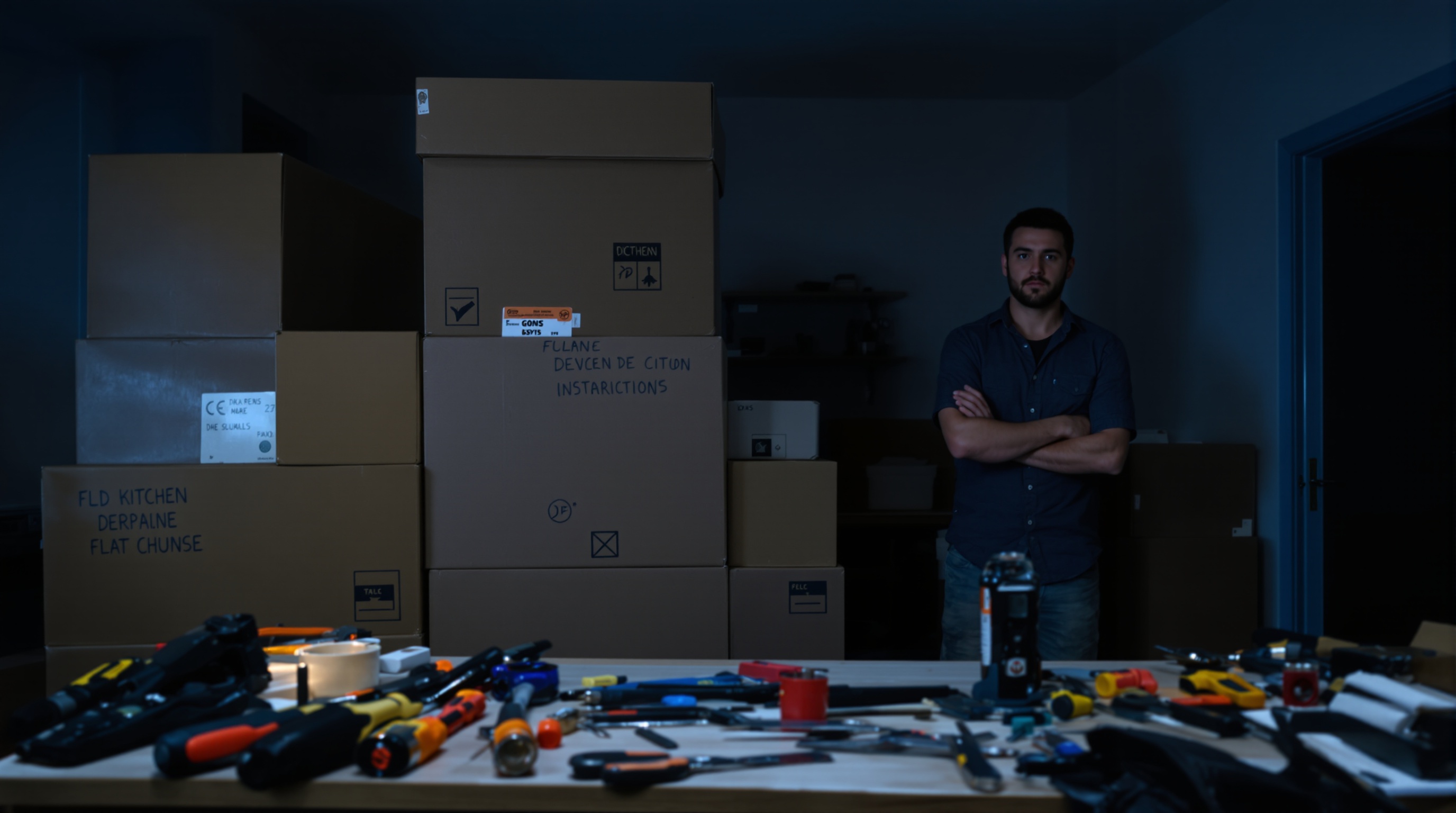 Une pile de cartons de meubles de cuisine attendant d'être posés, symbolisant le retard de livraison et l'attente frustrante pour le client.