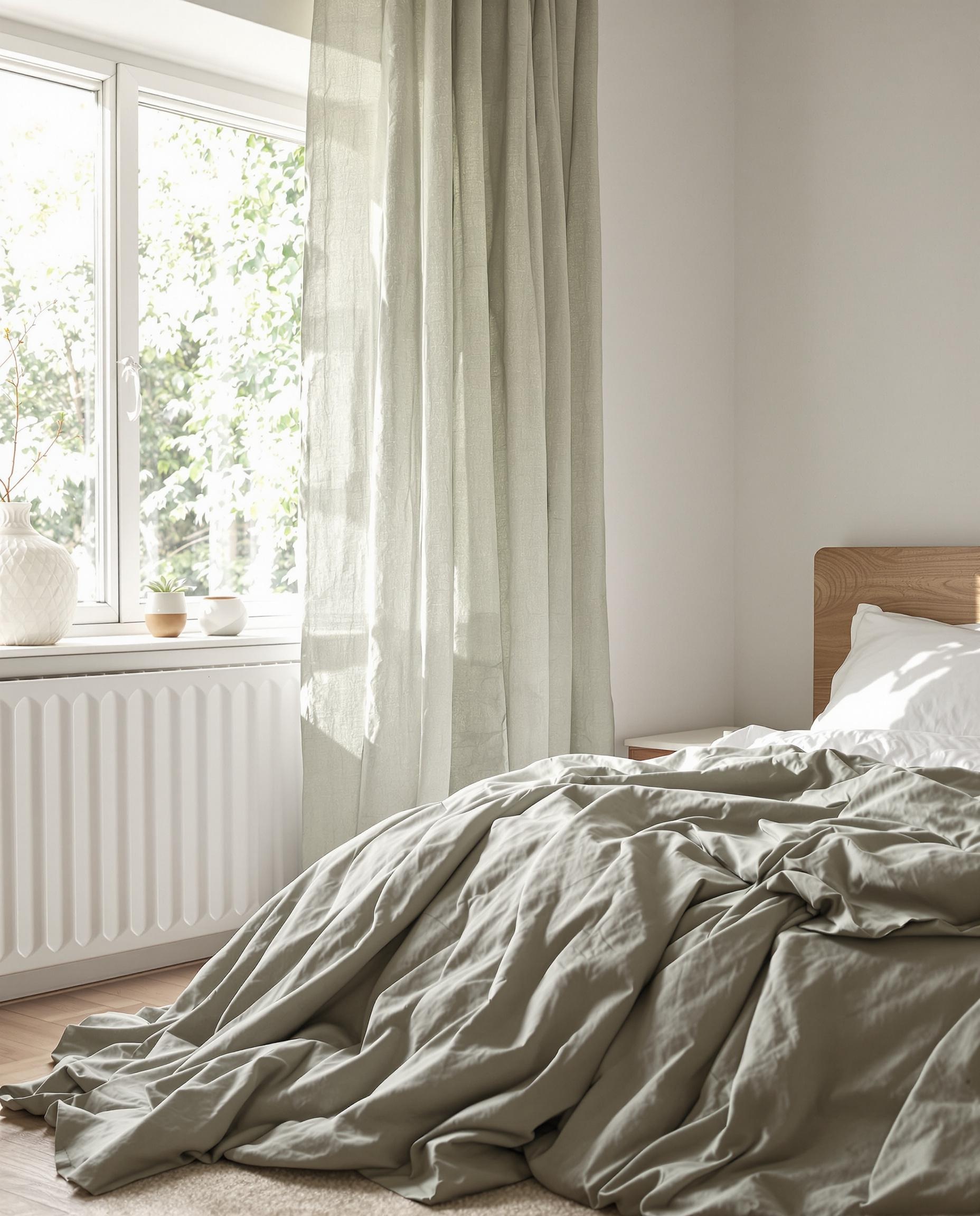 Rideau en lin vert sauge, linge de lit blanc et gris, tête de lit en bois brut dans une chambre zen.