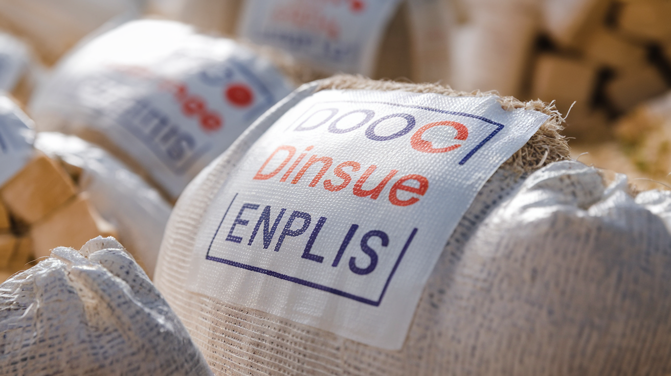 Gros plan sur un sac de granulés affichant clairement les certifications DINplus et ENplus.