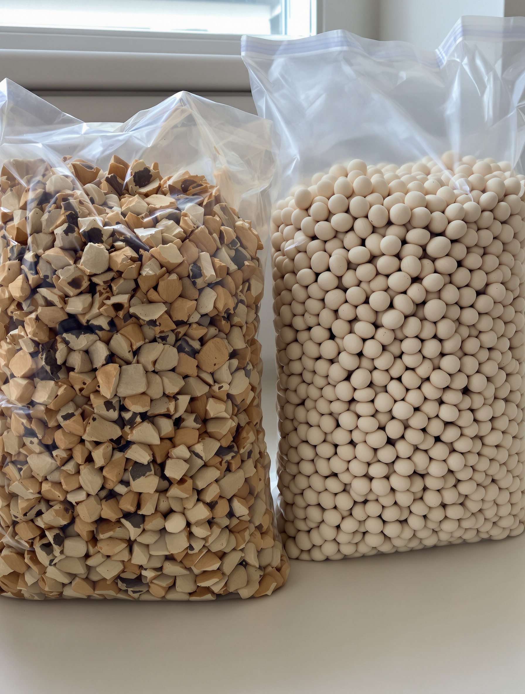 Pellets mouillés et désagrégés à côté de pellets secs