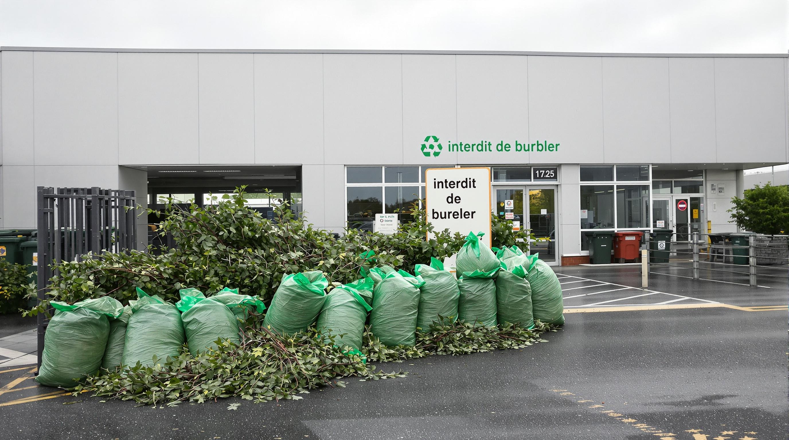Sacs de déchets verts, rameaux de thuya, devant une déchetterie municipale propre, panneau 'interdit de brûler', météo grise.