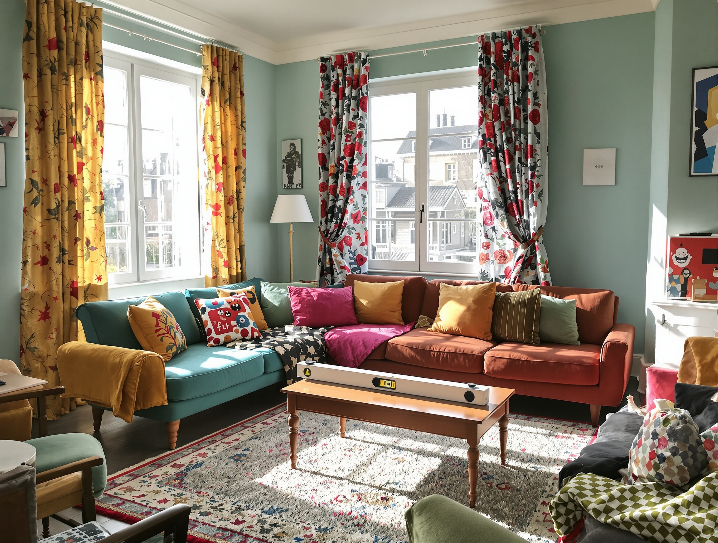 Salon déco ratée : tapis trop petit, couleurs improbables et mobilier bancal