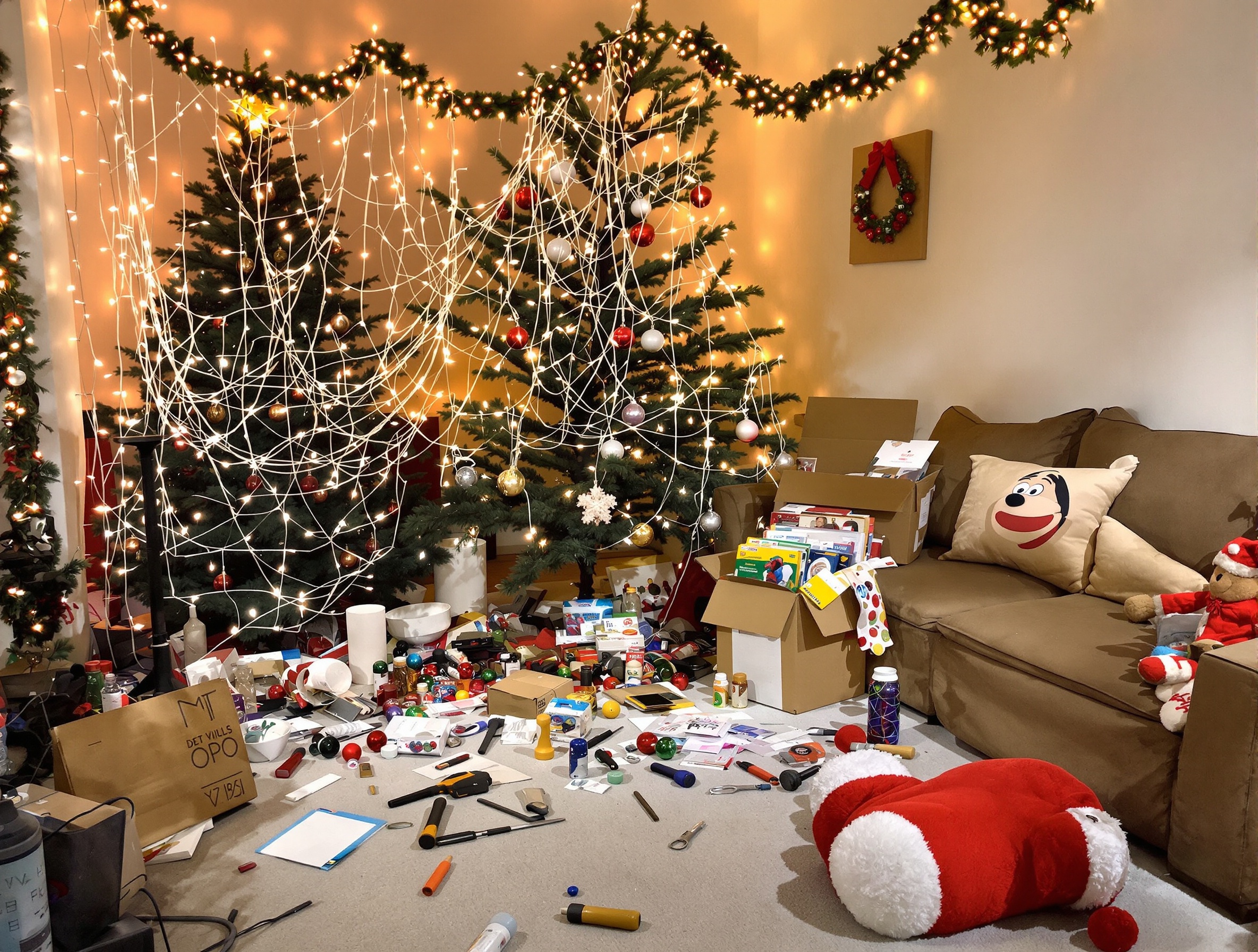 Salon en chaos avec décoration de Noël et bricolage
