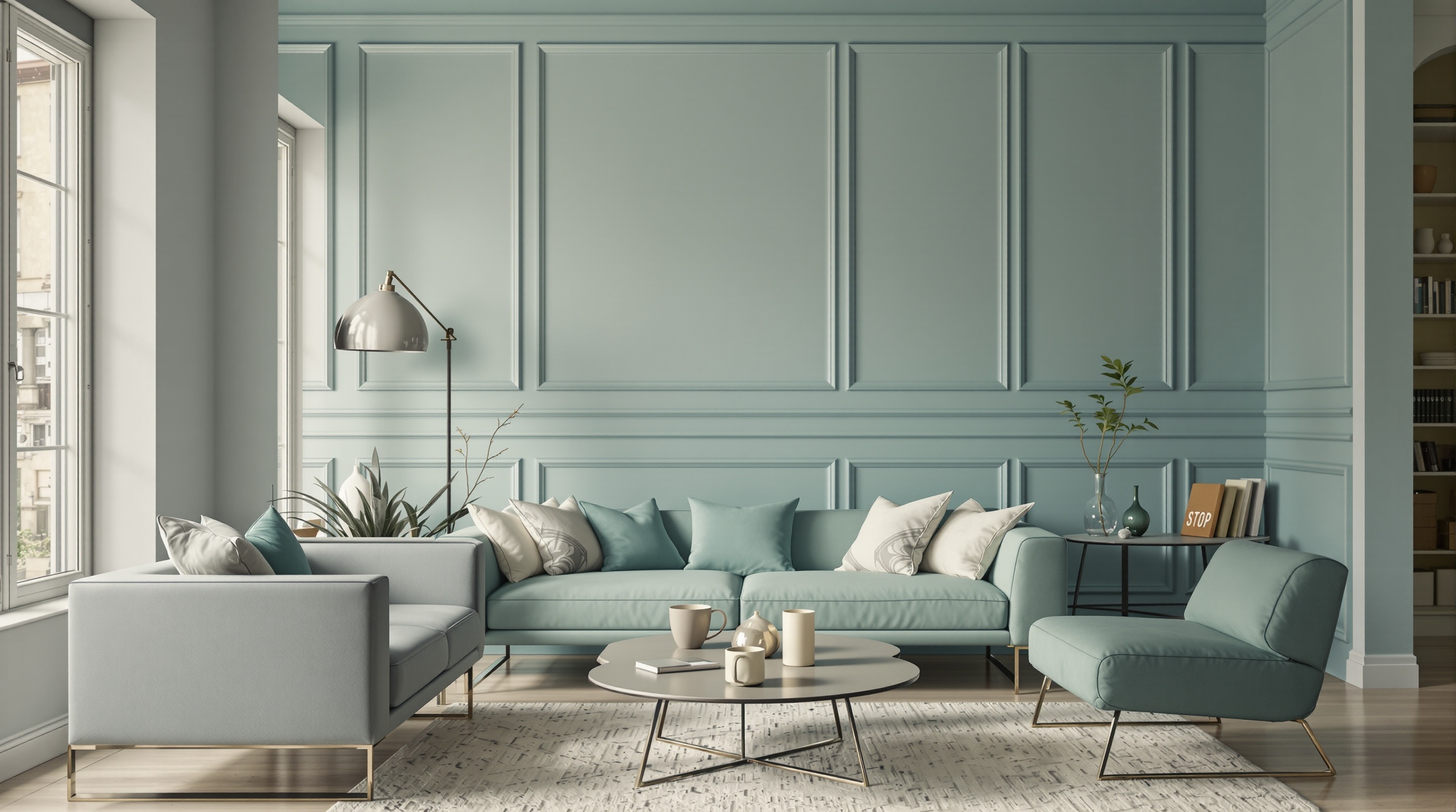 Salon mur gris et bleu canard démodé effet sépia et icône stop