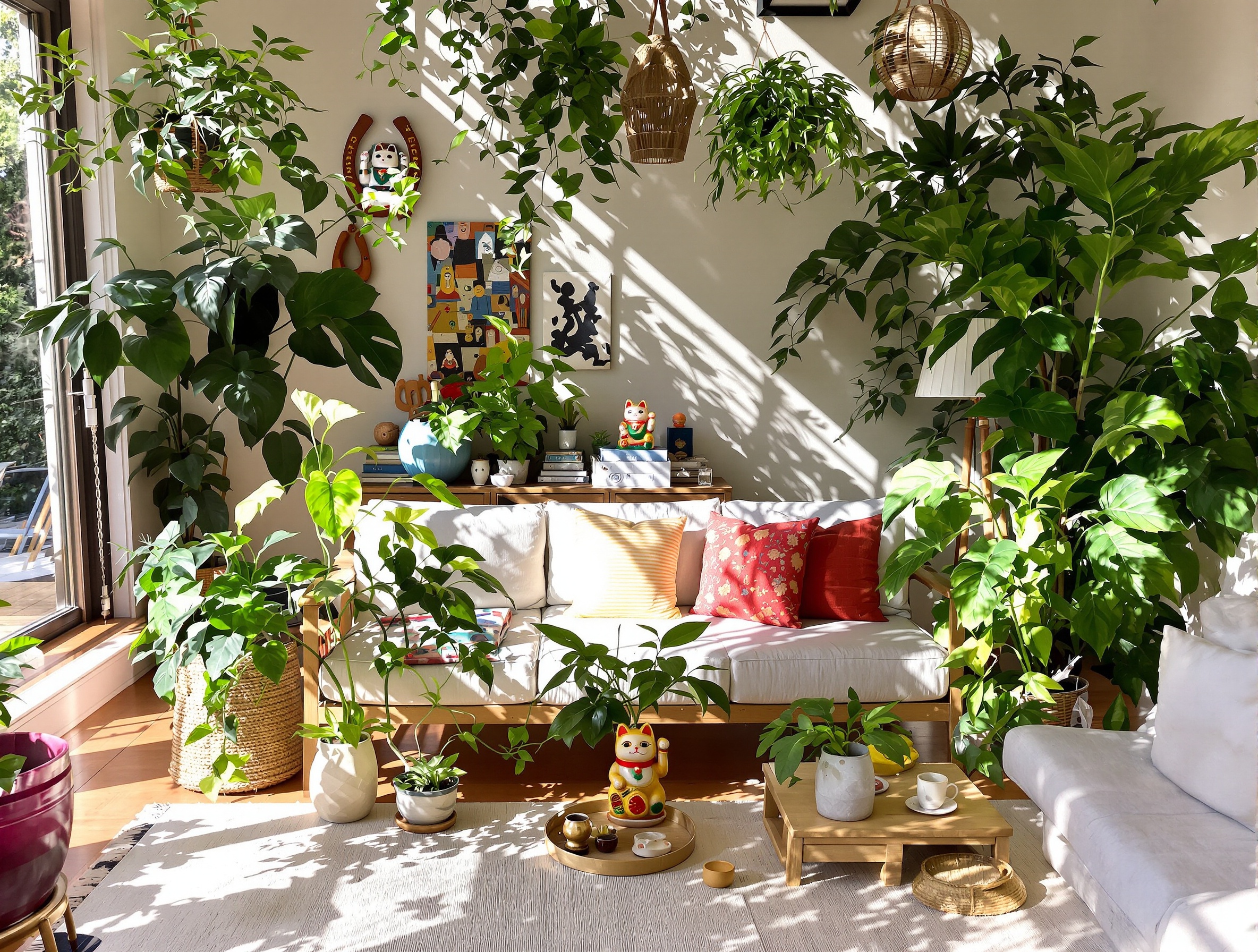 Salon éclectique avec porte-bonheur du monde entier et ambiance zen et vivante.