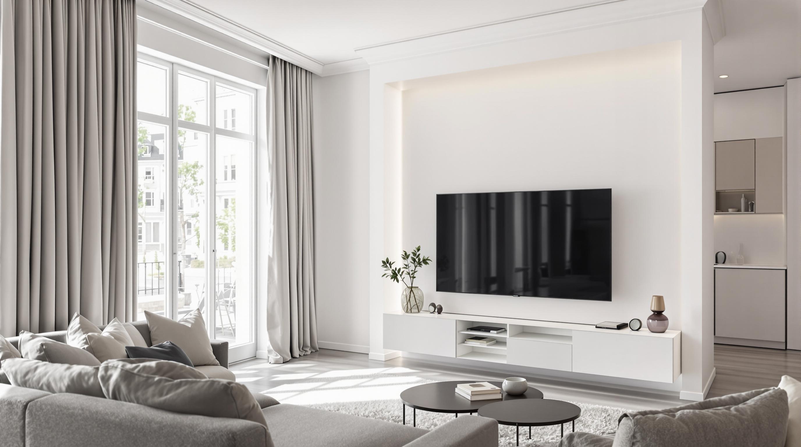 Goulotte décorative assortie au mur, intégrée discrètement derrière un meuble TV