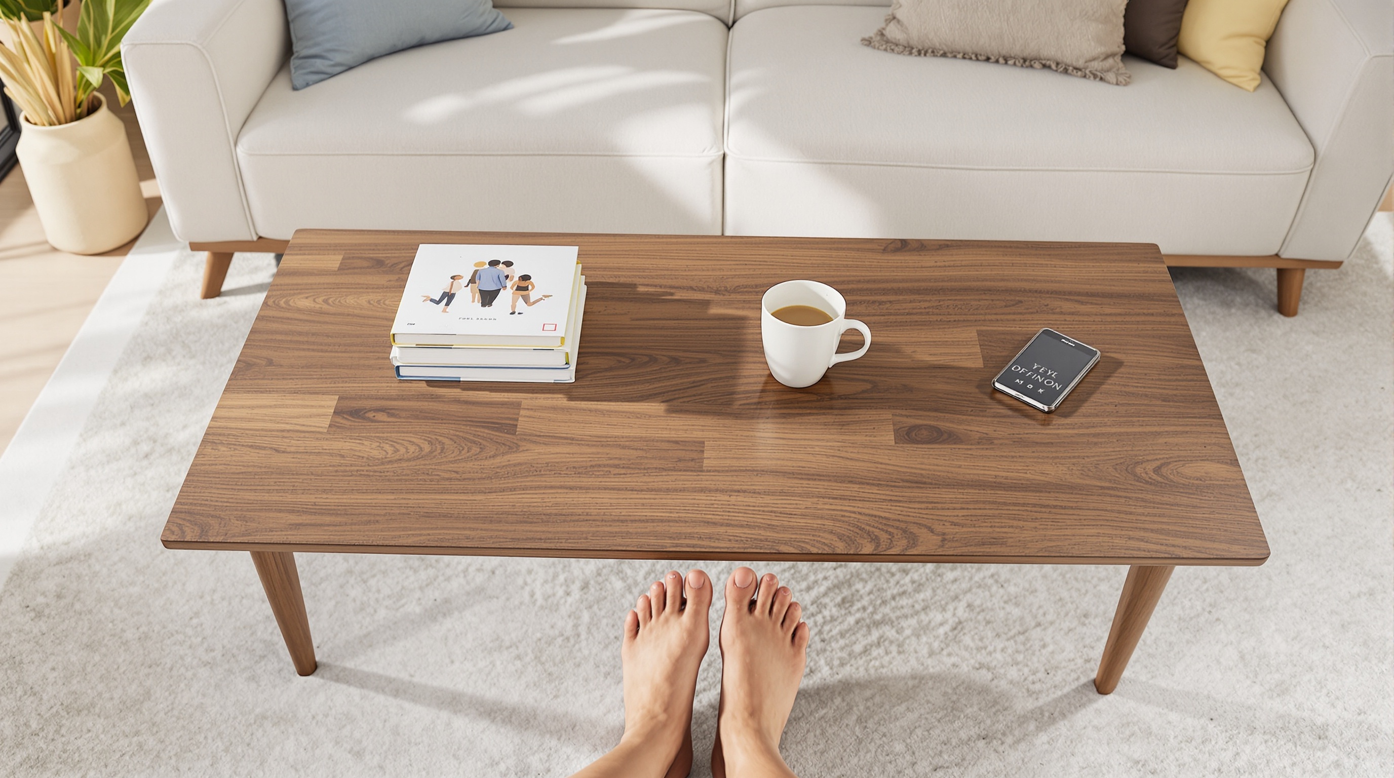 table basse bois noyer pieds posés dessus ambiance détendue salon moderne