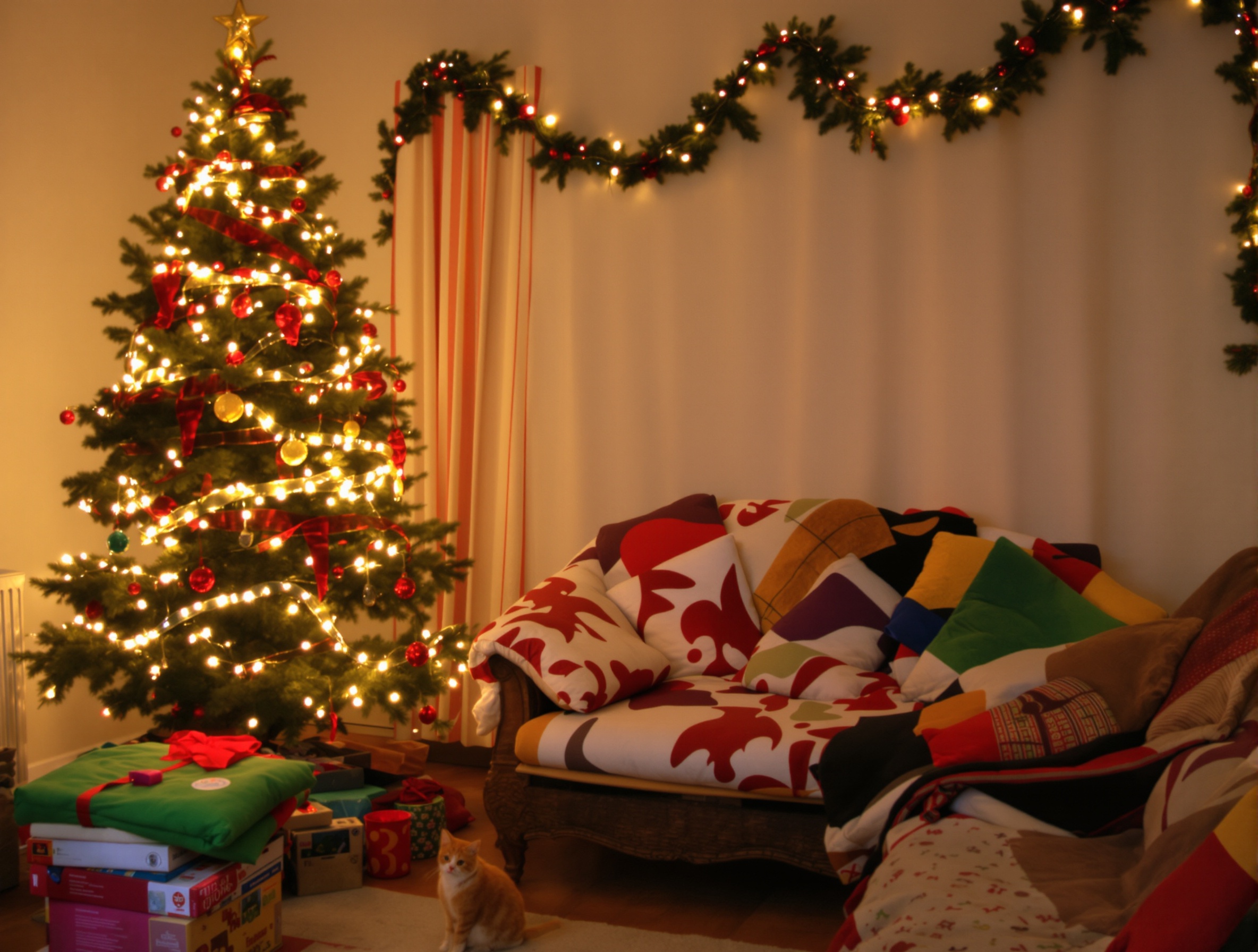 Salon décoré pour Noël avec guirlandes et coussins festifs
