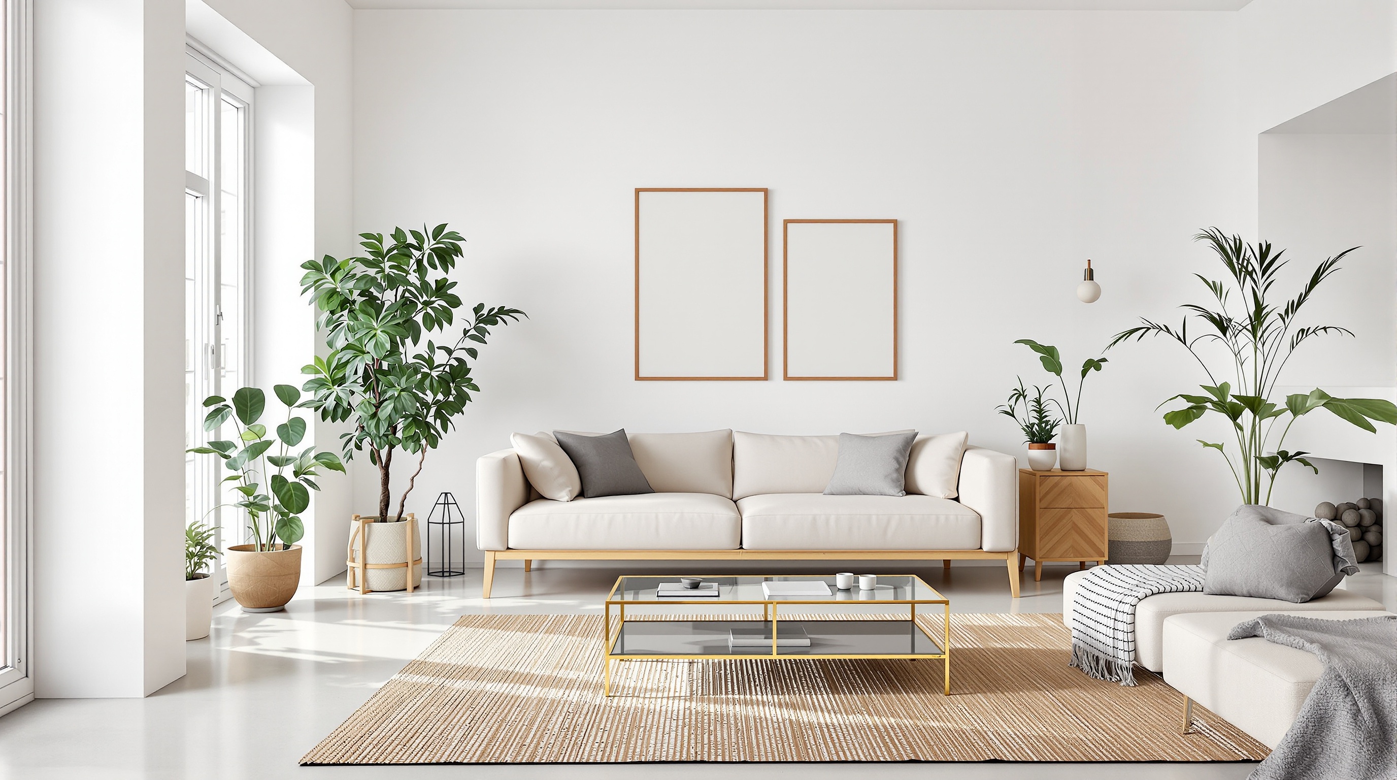 Salon rénové sous lumière naturelle, béton ciré et meubles modulables bois – esprit underconsumption core.