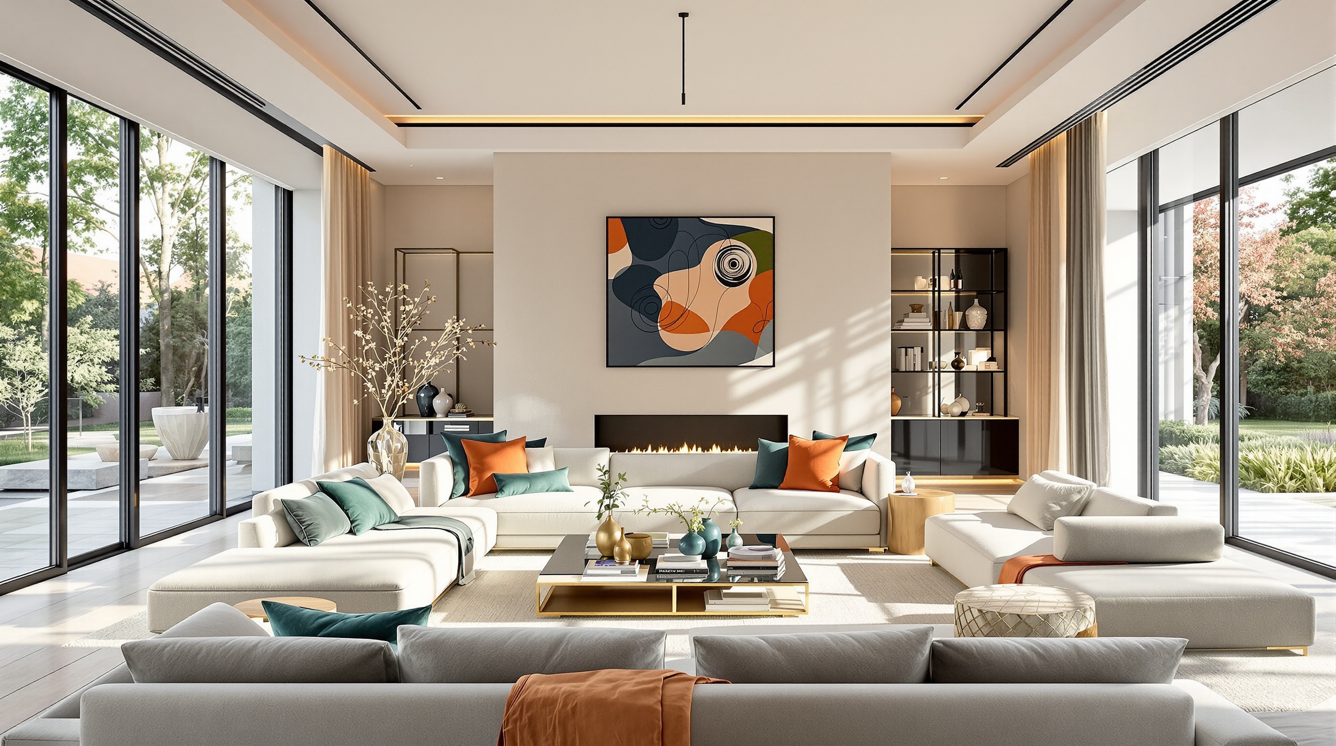 Salon moderne inspiré 2025 vert sauge terracotta bleu pétrole abricot