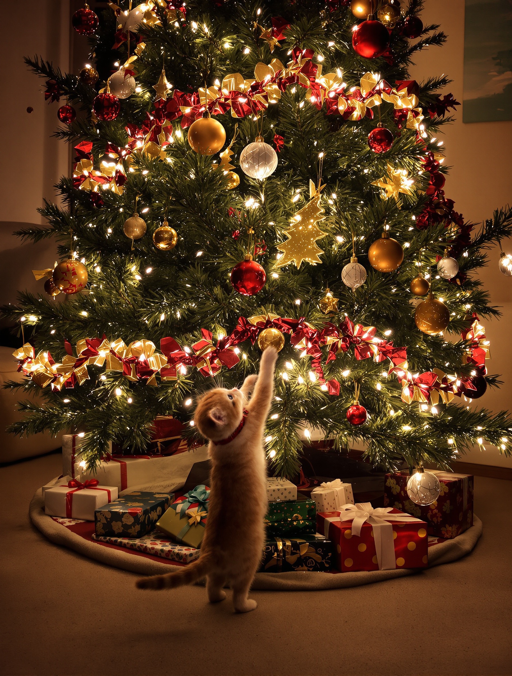 Sapin de Noël décoré avec un chat curieux