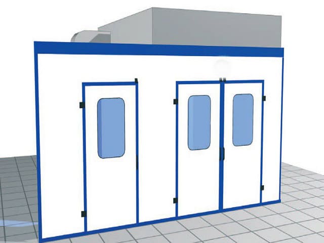 Schéma simple montrant une cabine de peinture bien agencée avec espace de circulation, comparée à une cabine mal agencée et encombrée.