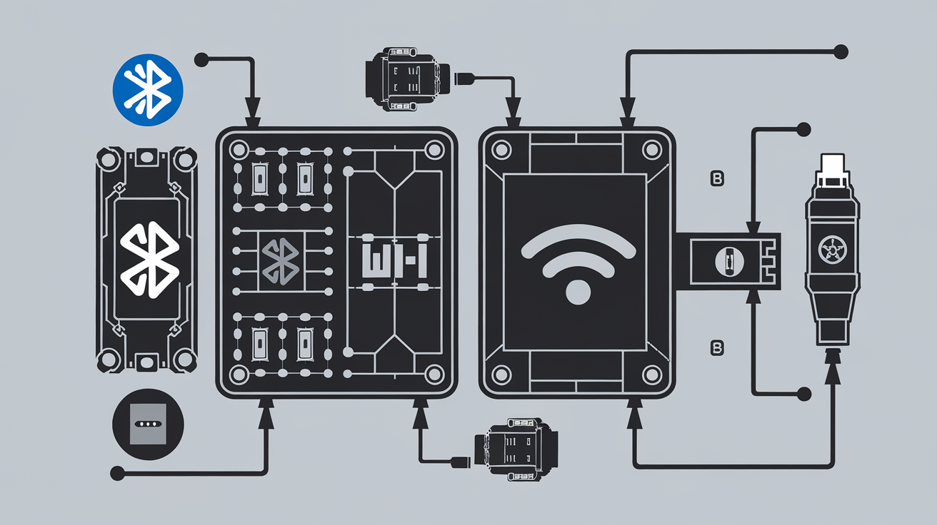 Schéma comparatif des interfaces Bluetooth, Wi-Fi et câblées pour valise diagnostic