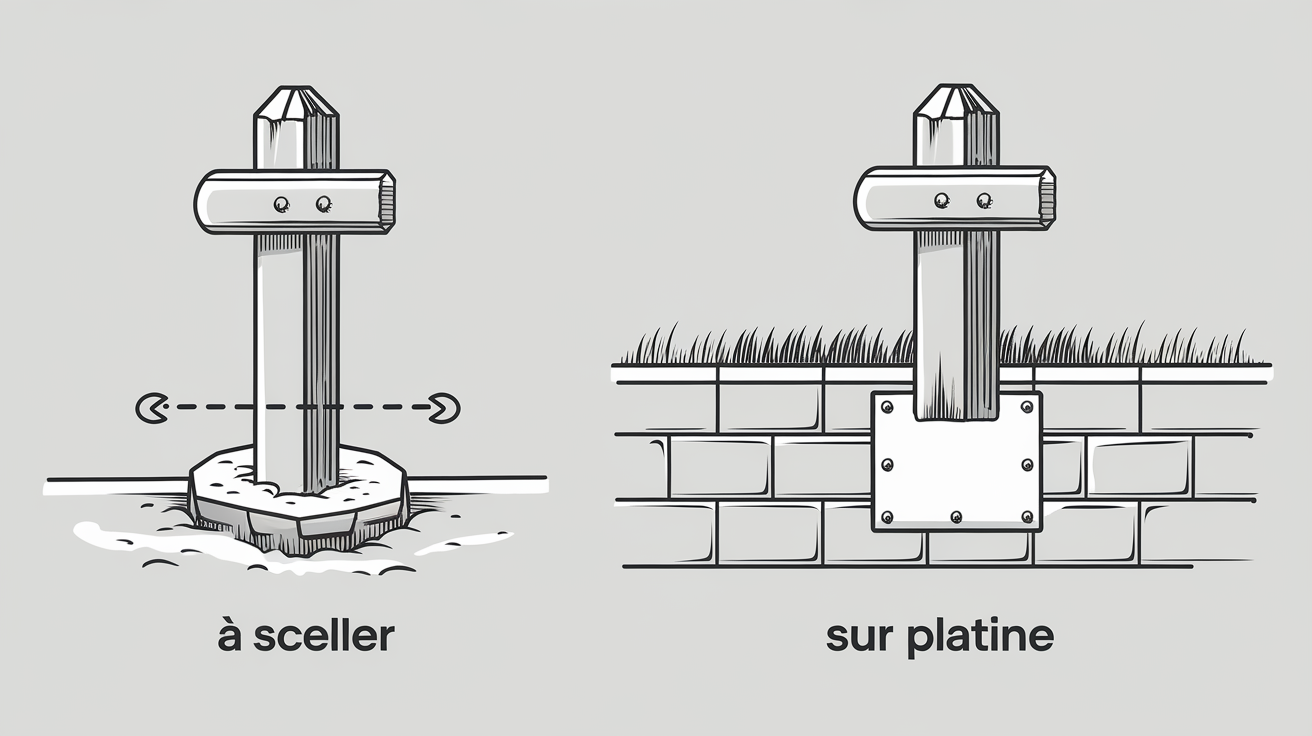 Schéma pose poteau scellé vs platine