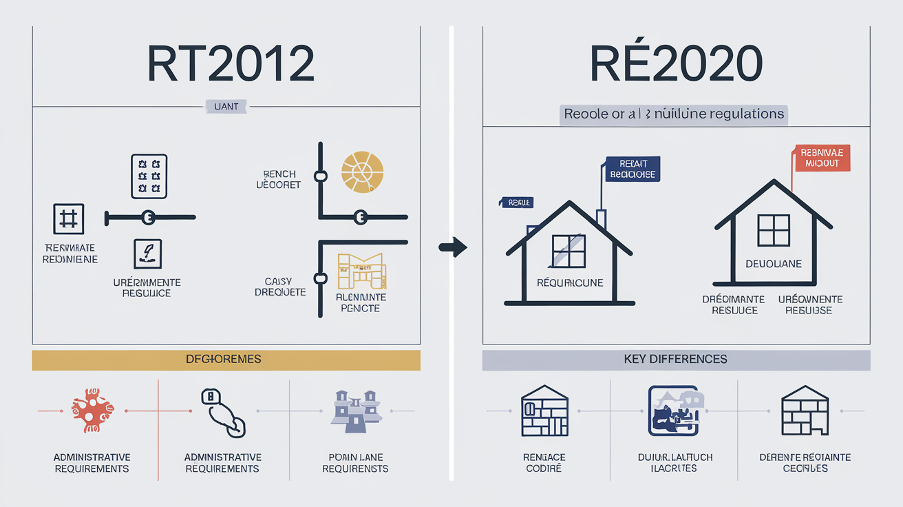 Schéma comparatif entre RT2012 et RE2020, visuel clair avec pictogrammes sur exigences thermiques et administratives