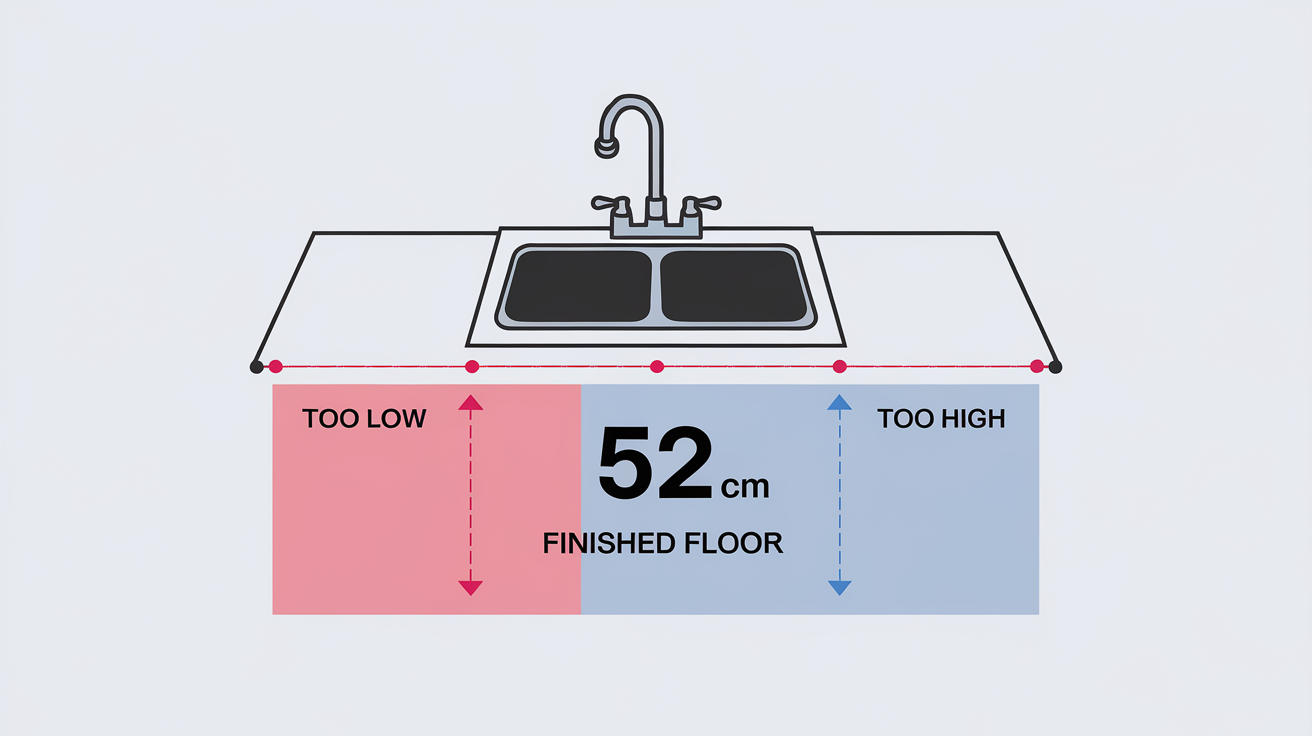 Schéma simple illustrant la hauteur d'évacuation de 52 cm par rapport au sol fini pour un évier.