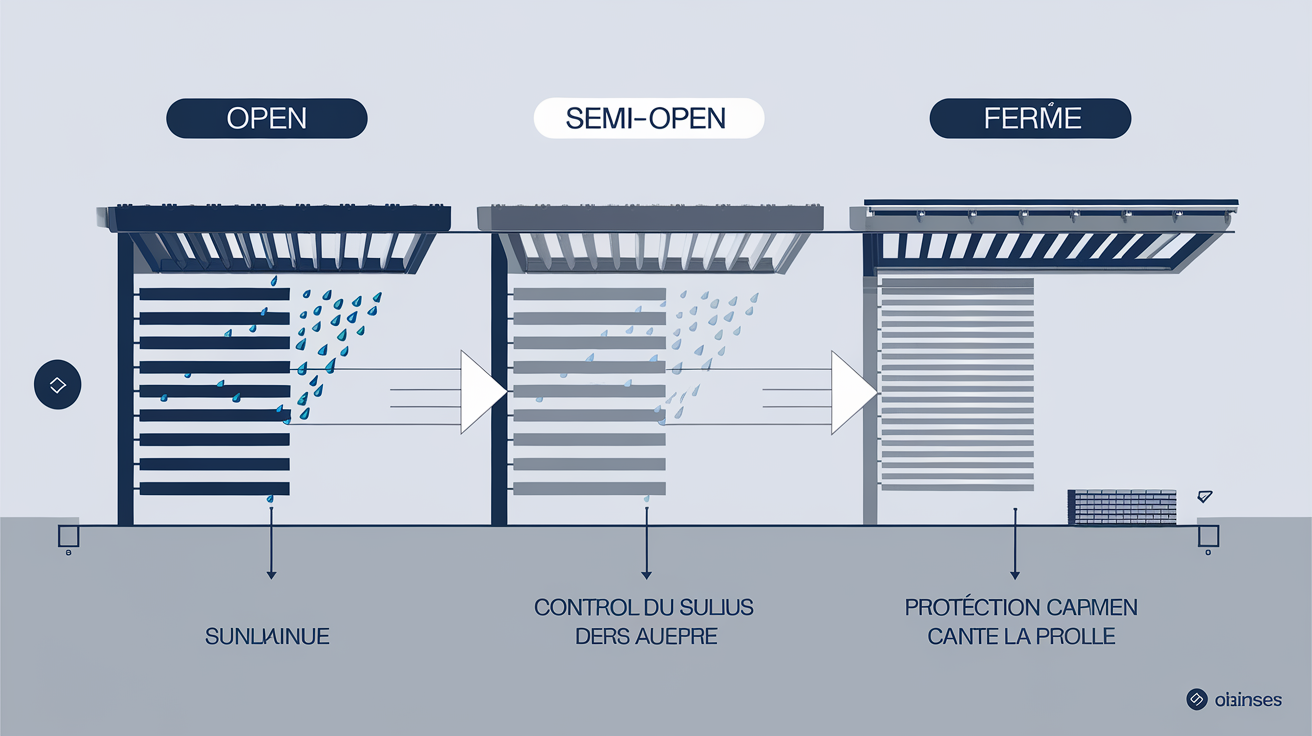 Schéma pergola bioclimatique lames aluminium positions ouvertes semi-ouvertes fermées
