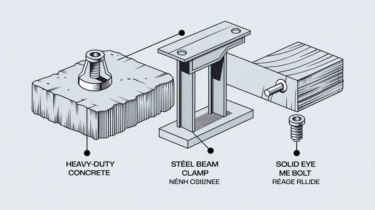 Schéma de fixation d'un point d'ancrage selon les structures en béton, acier et bois