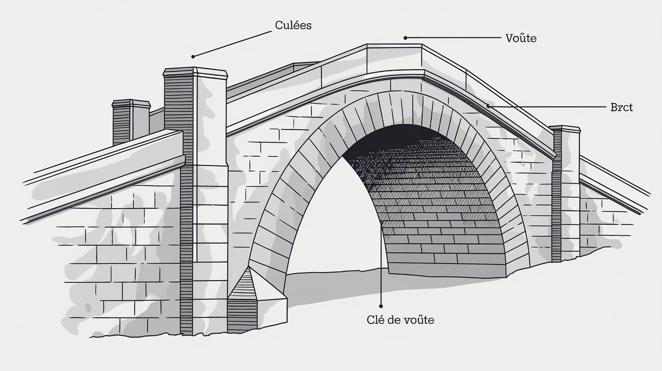 Schéma d'un pont à voûte en pierre classique avec culées, voûte et clé de voûte indiquées.