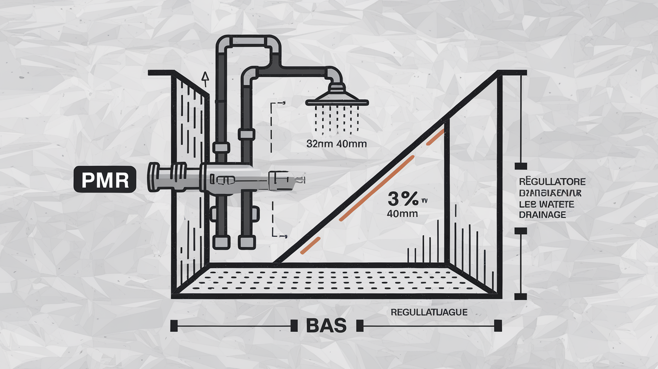 Schéma technique montrant une douche avec pentes réglementaires et spécifications PMR.