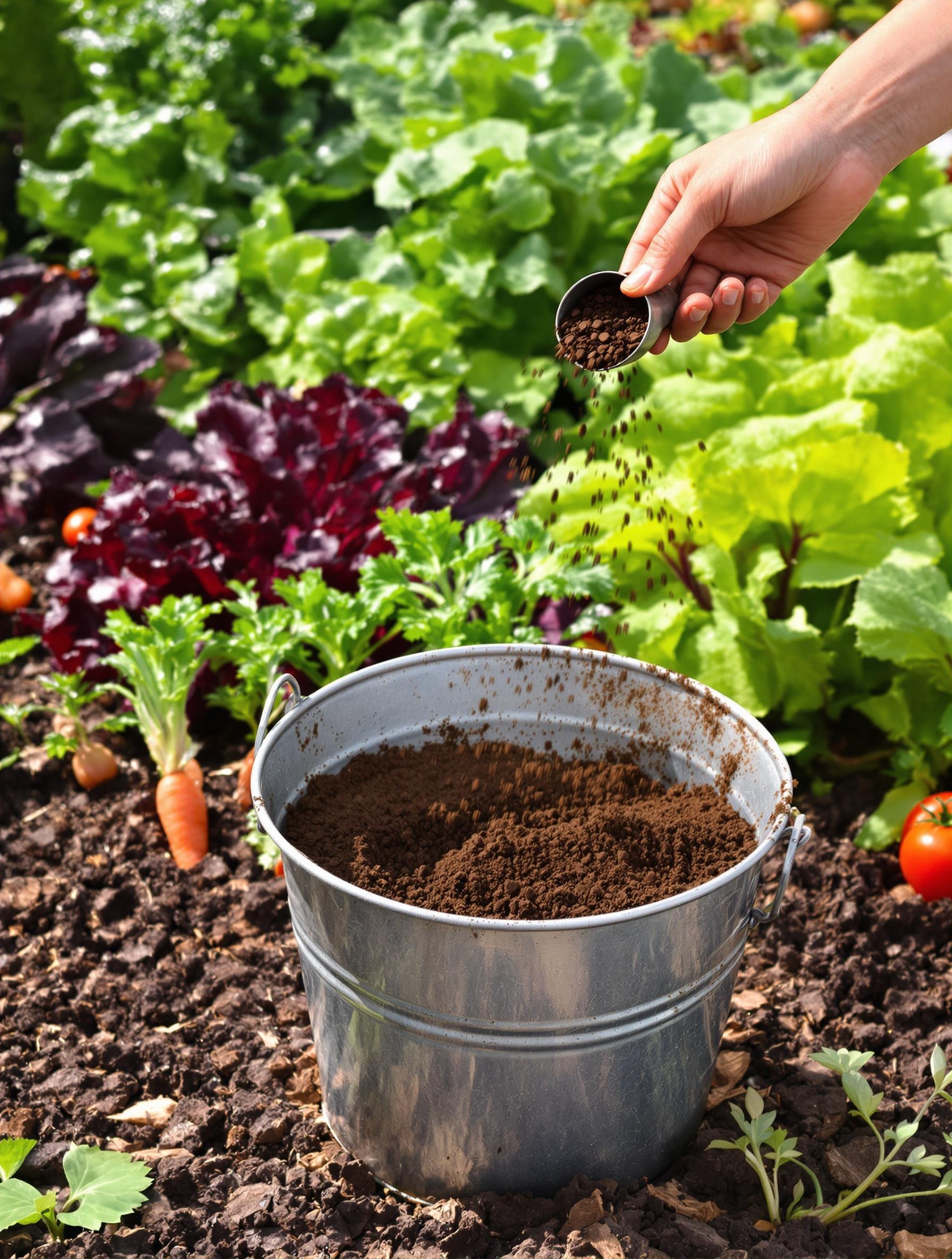 Marc de café utilisé comme amendement naturel dans un potager
