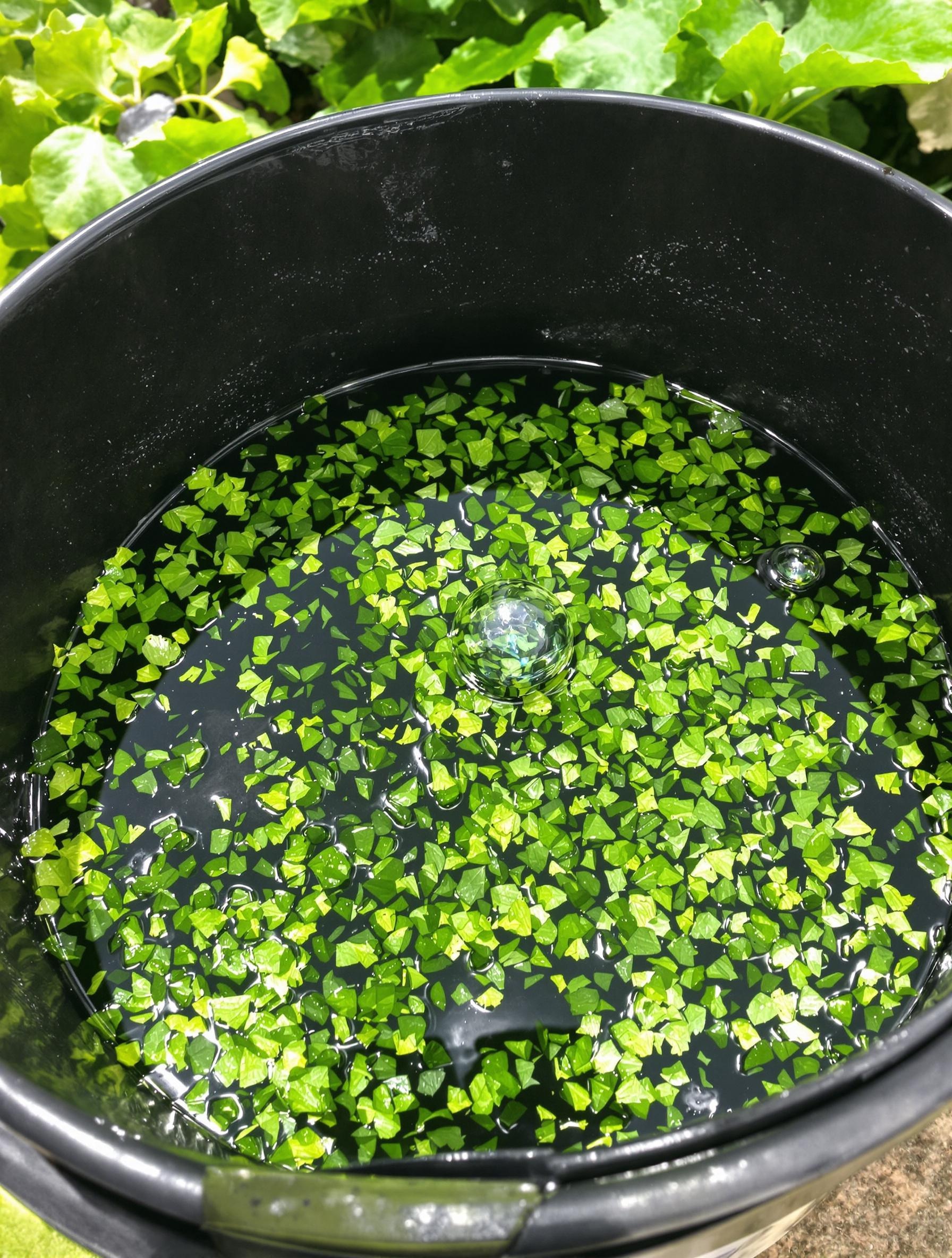 Seau en plastique noir de 20 L contenant des orties hachées en fermentation, avec des gants de jardinage
