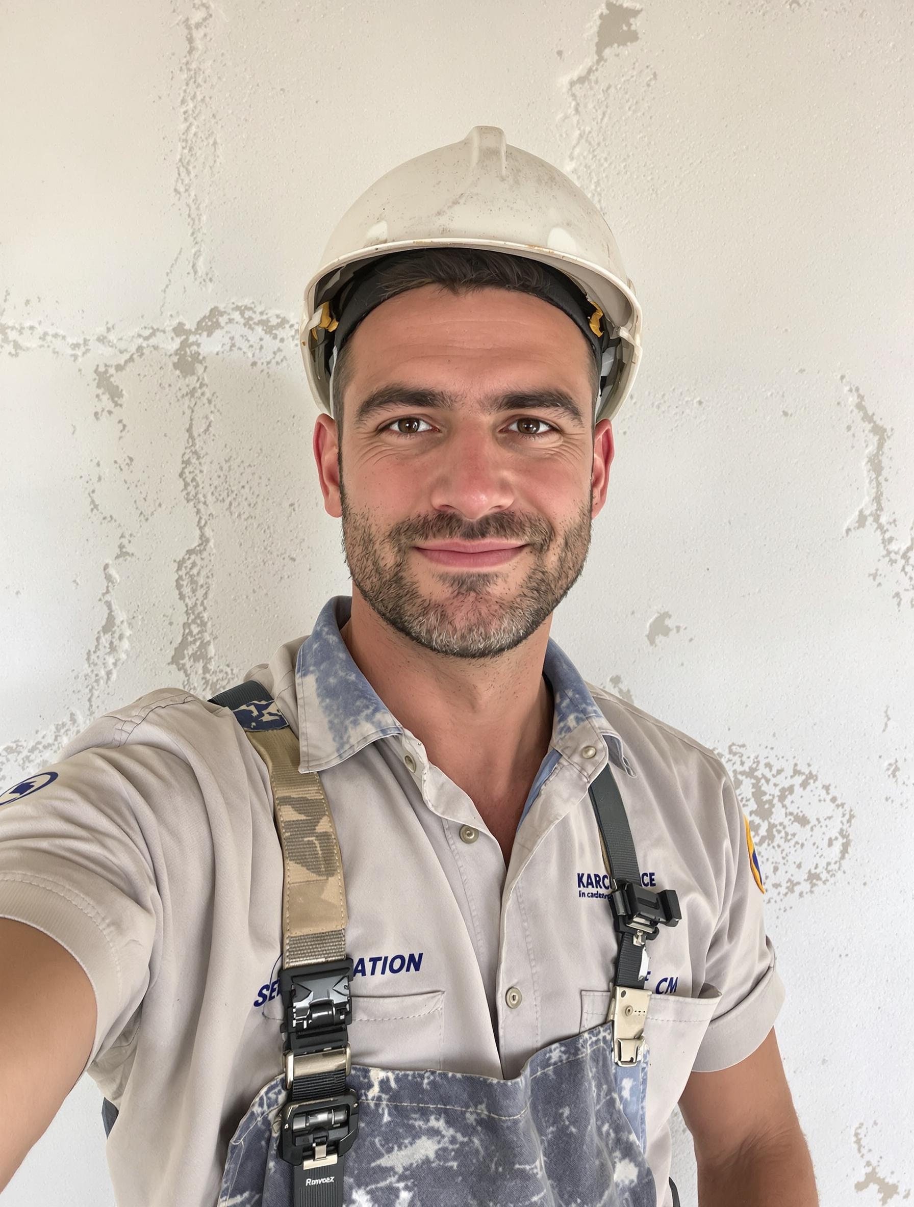Selfie d’un artisan devant une façade en enduit gratté
