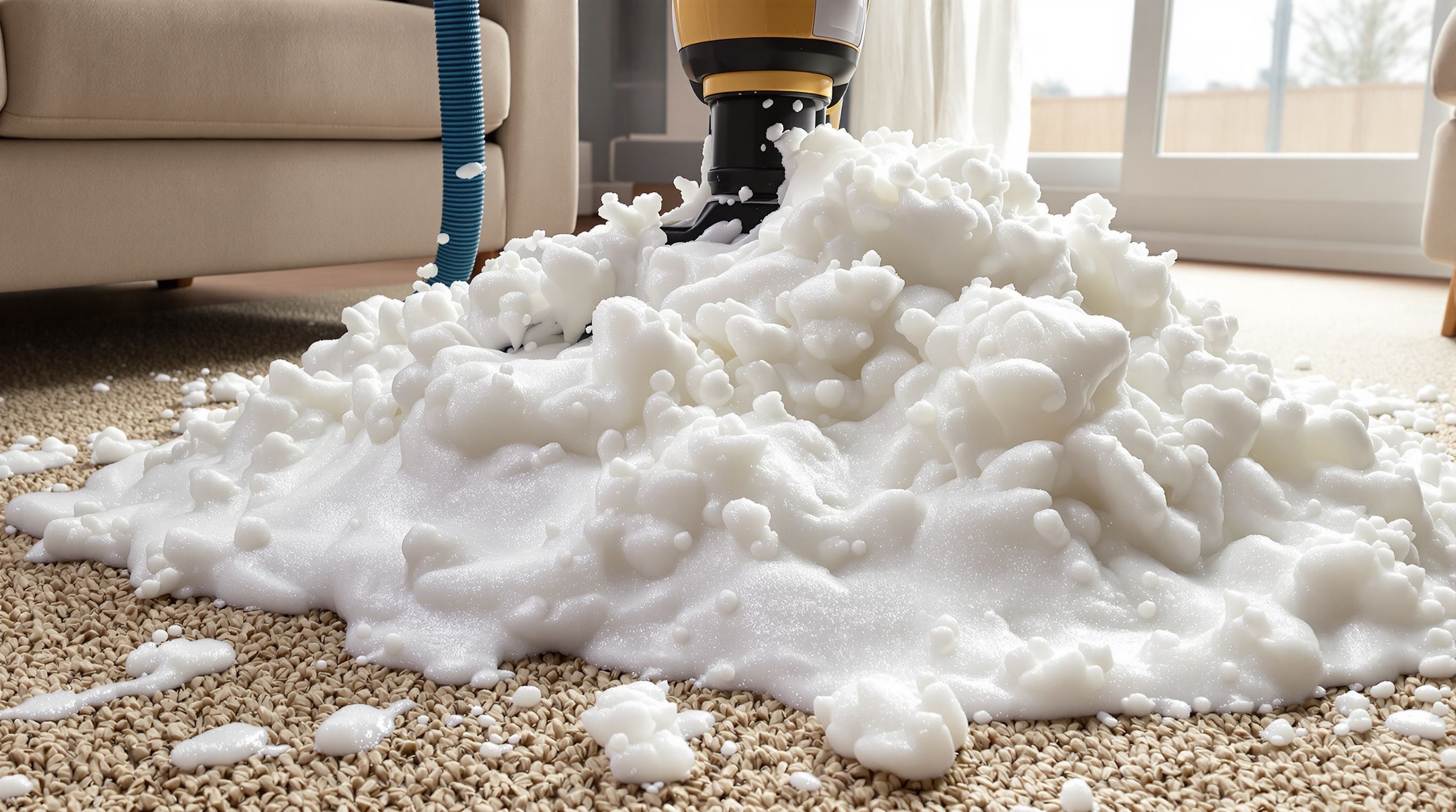Shampouineuse débordant de mousse, catastrophe domestique