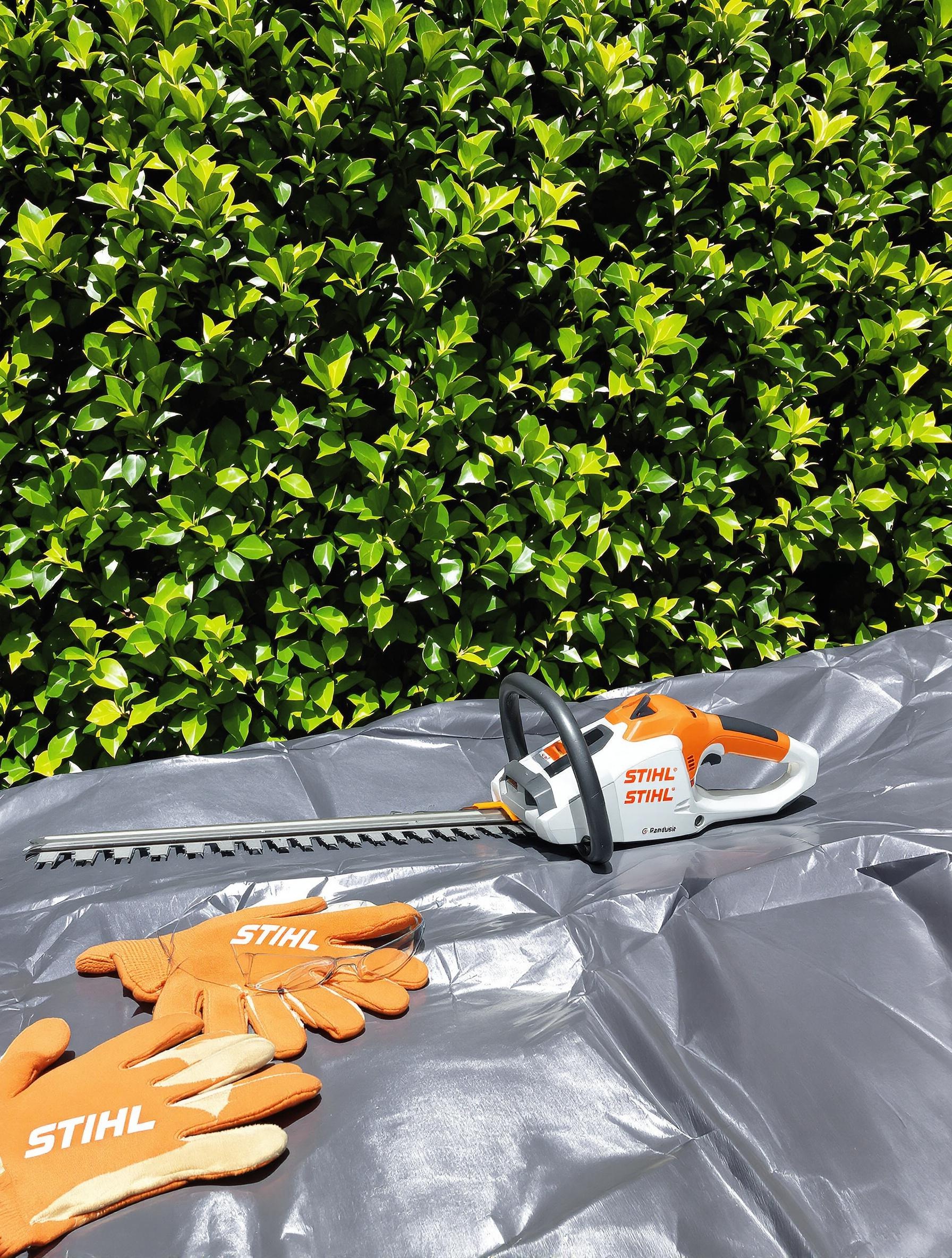 Taille-haie STIHL posé sur une bâche avec gants et lunettes devant une haie verte.