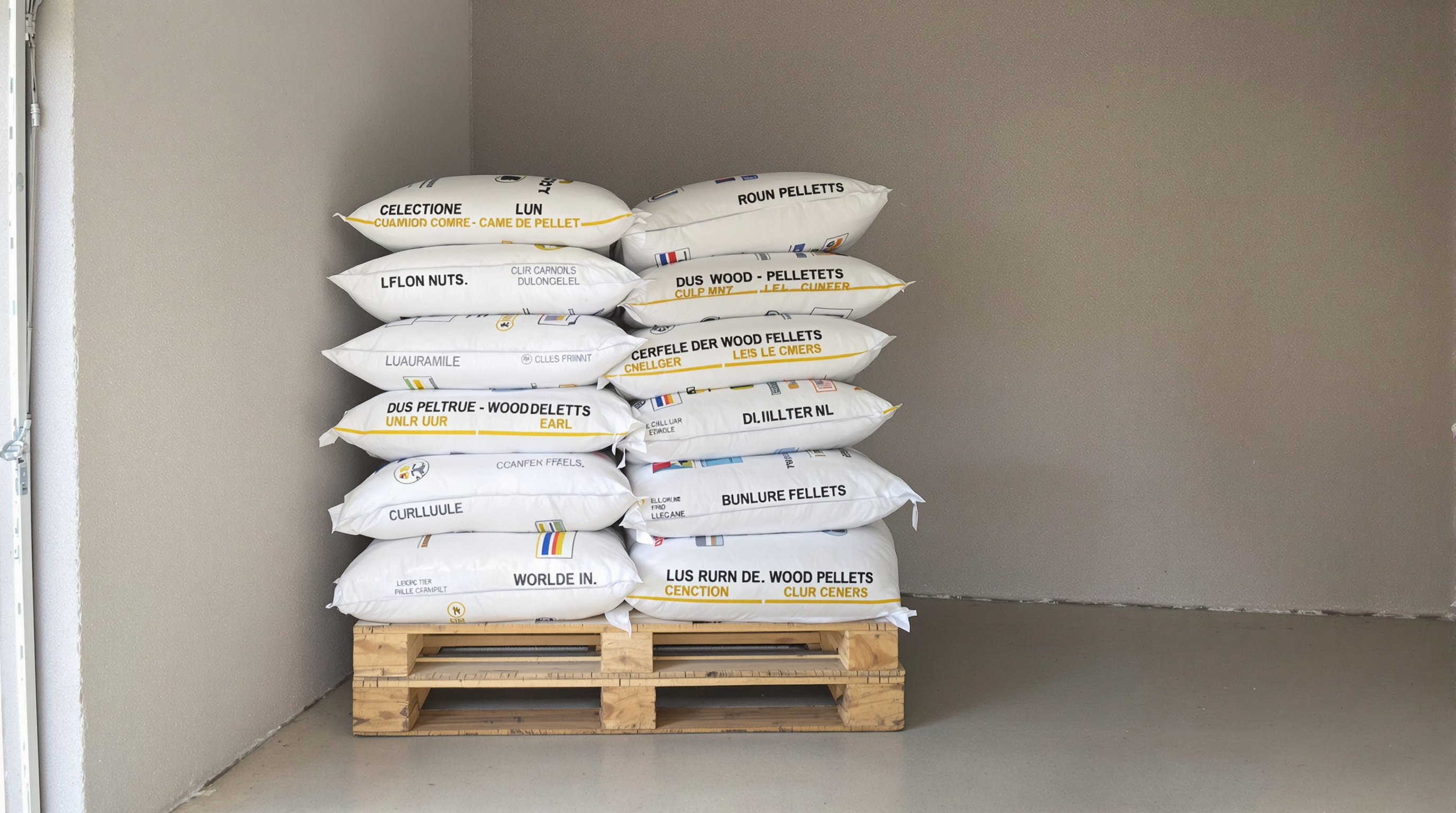 Stockage idéal de pellets sur palette dans un garage sec et propre.