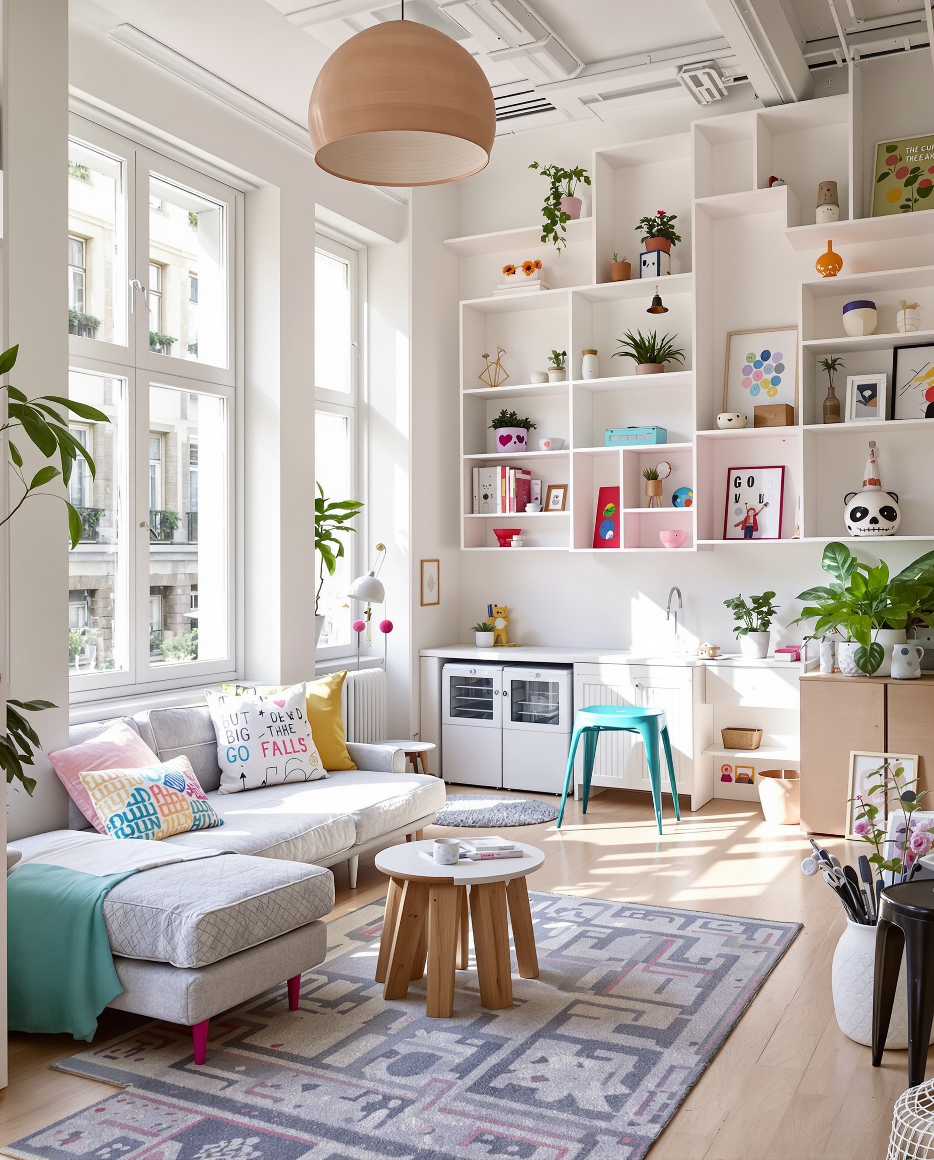 Studio optimisé avec meubles ingénieux et ambiance créative.