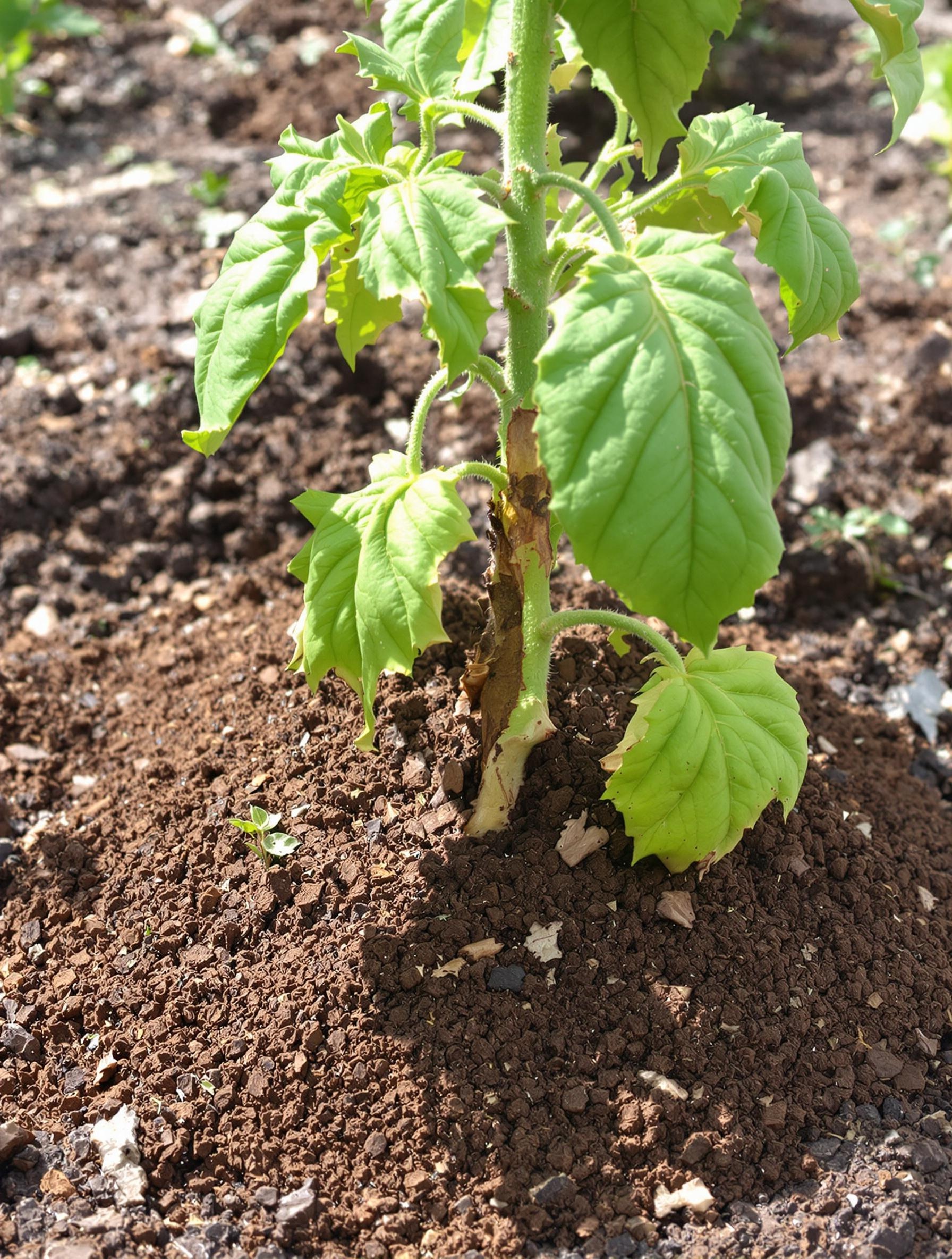 Marc de café trop abondant au pied d’un plant de tomates, feuilles pendantes.