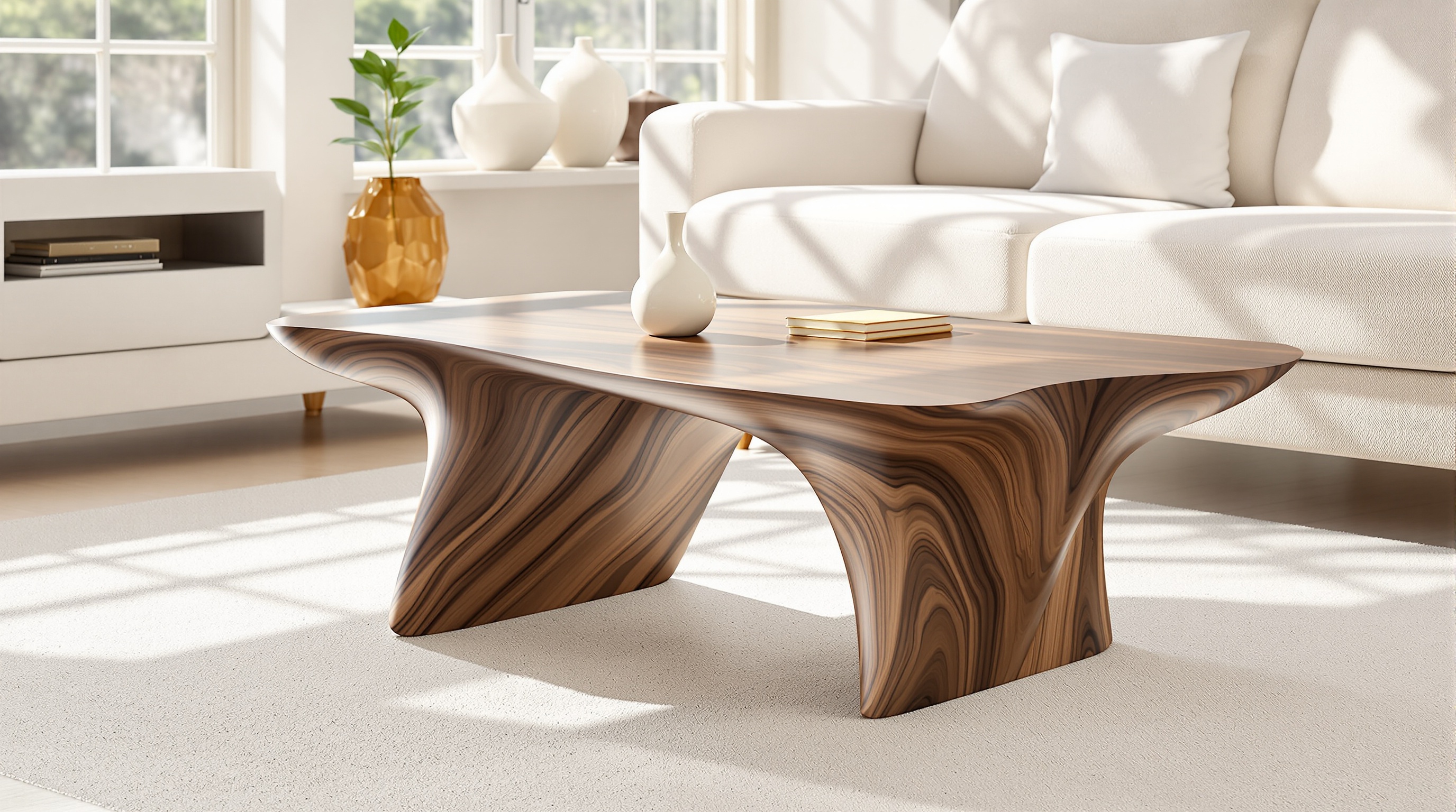 table basse organique bois noyer massif tendance Japandi 2026