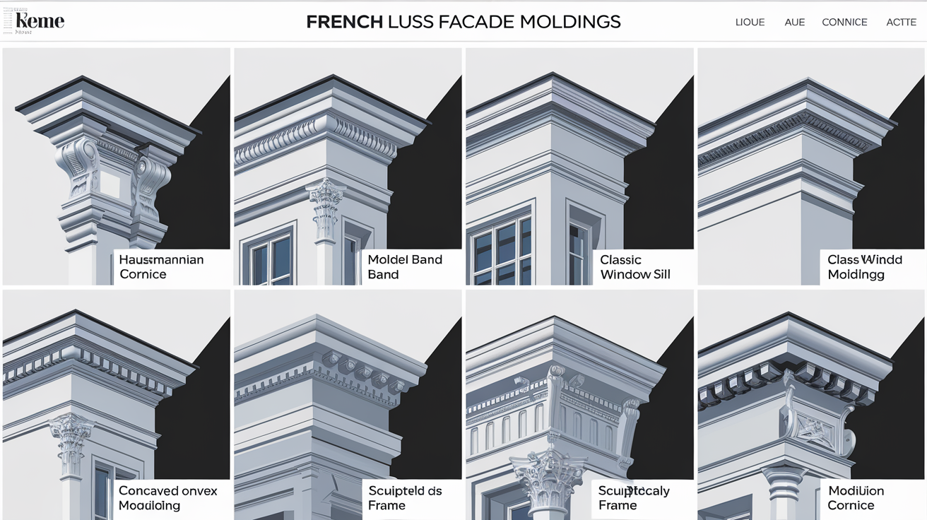 Illustration des différents types de modénatures : corniche, bandeau, appui de fenêtre, moulure, encadrement et corniche à modillons.