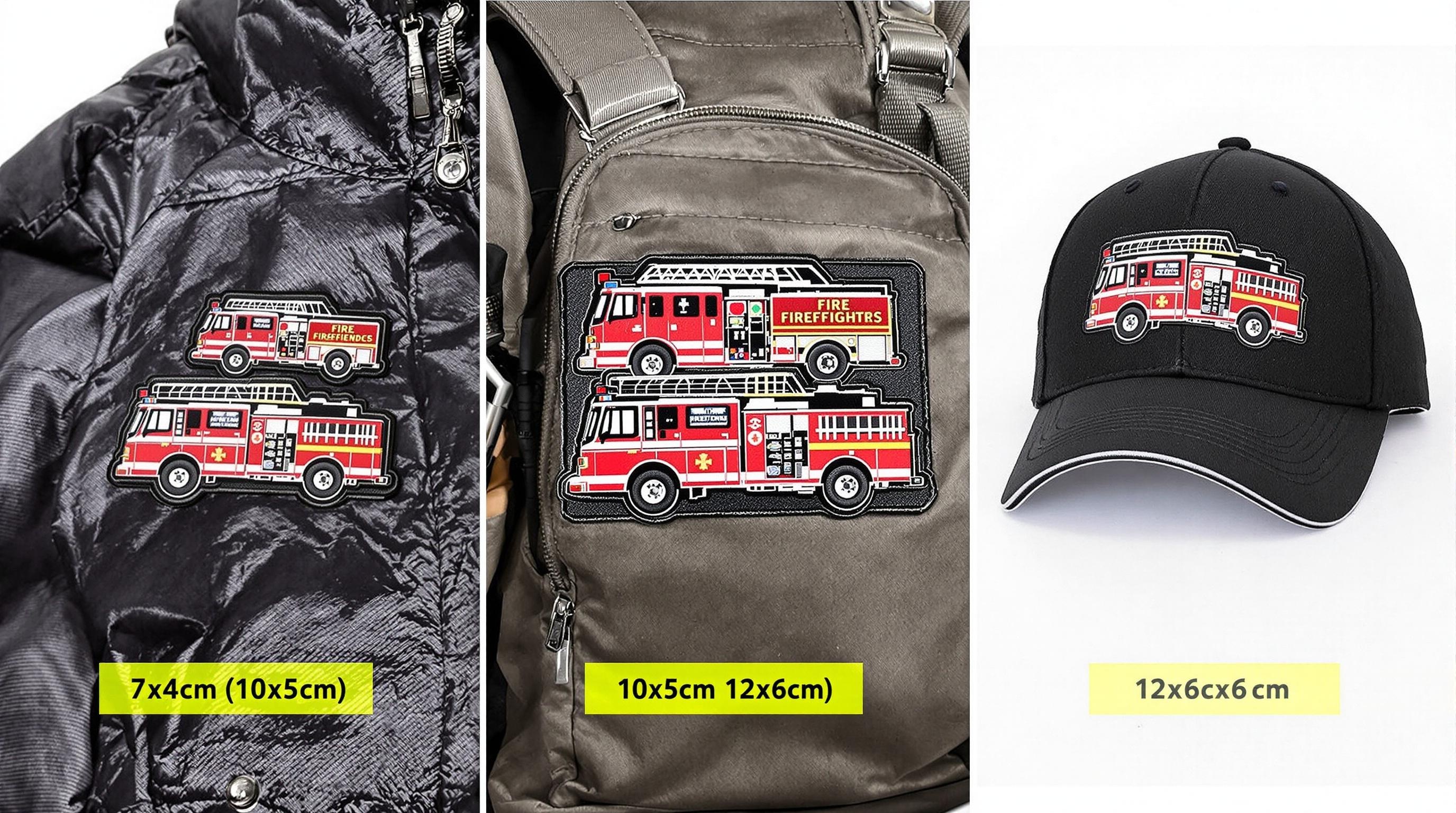 Comparatif des tailles de patch camion de pompier pour veste, sac et chapeau