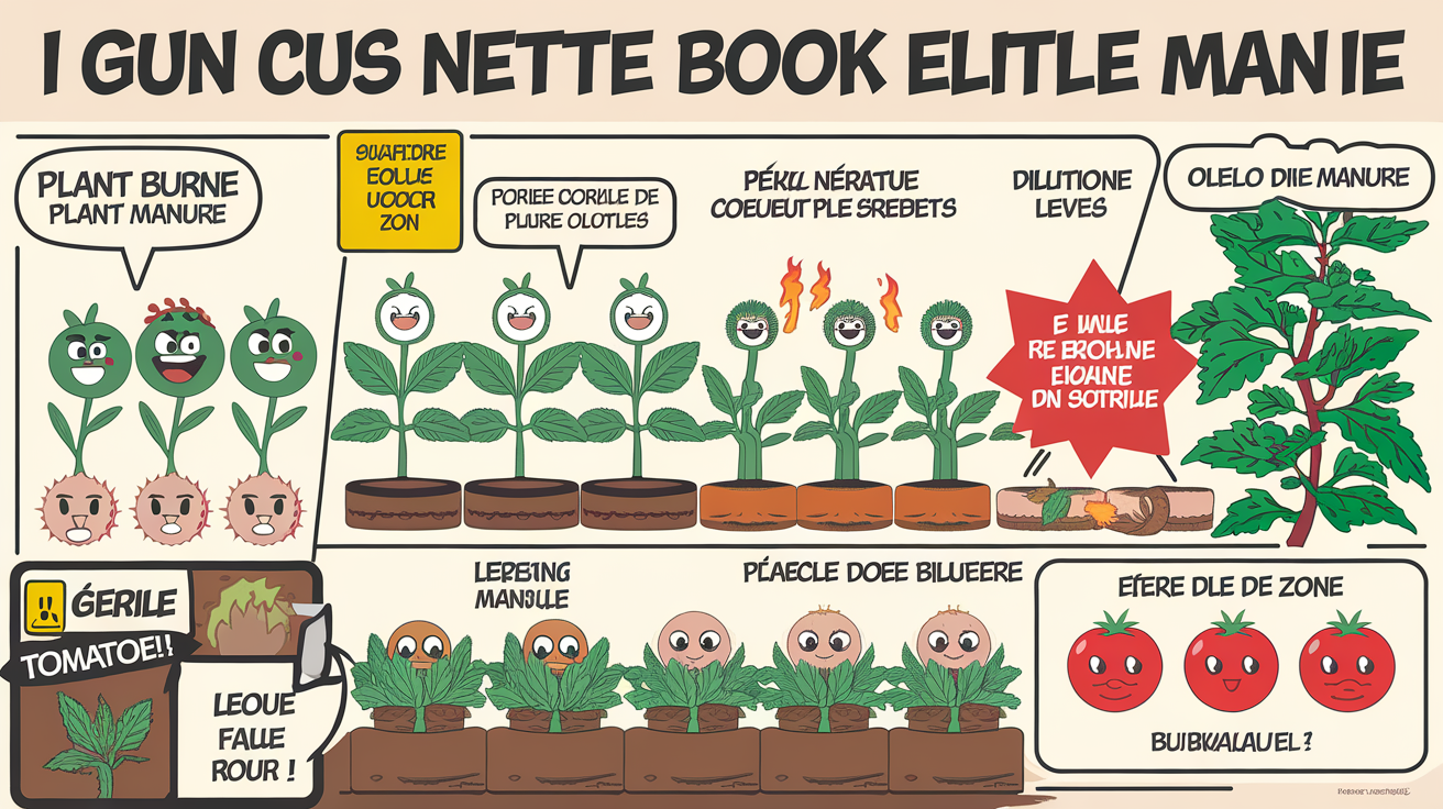 Tableau humoristique sur le dosage du purin d'ortie et les risques de brûlure pour les plantes