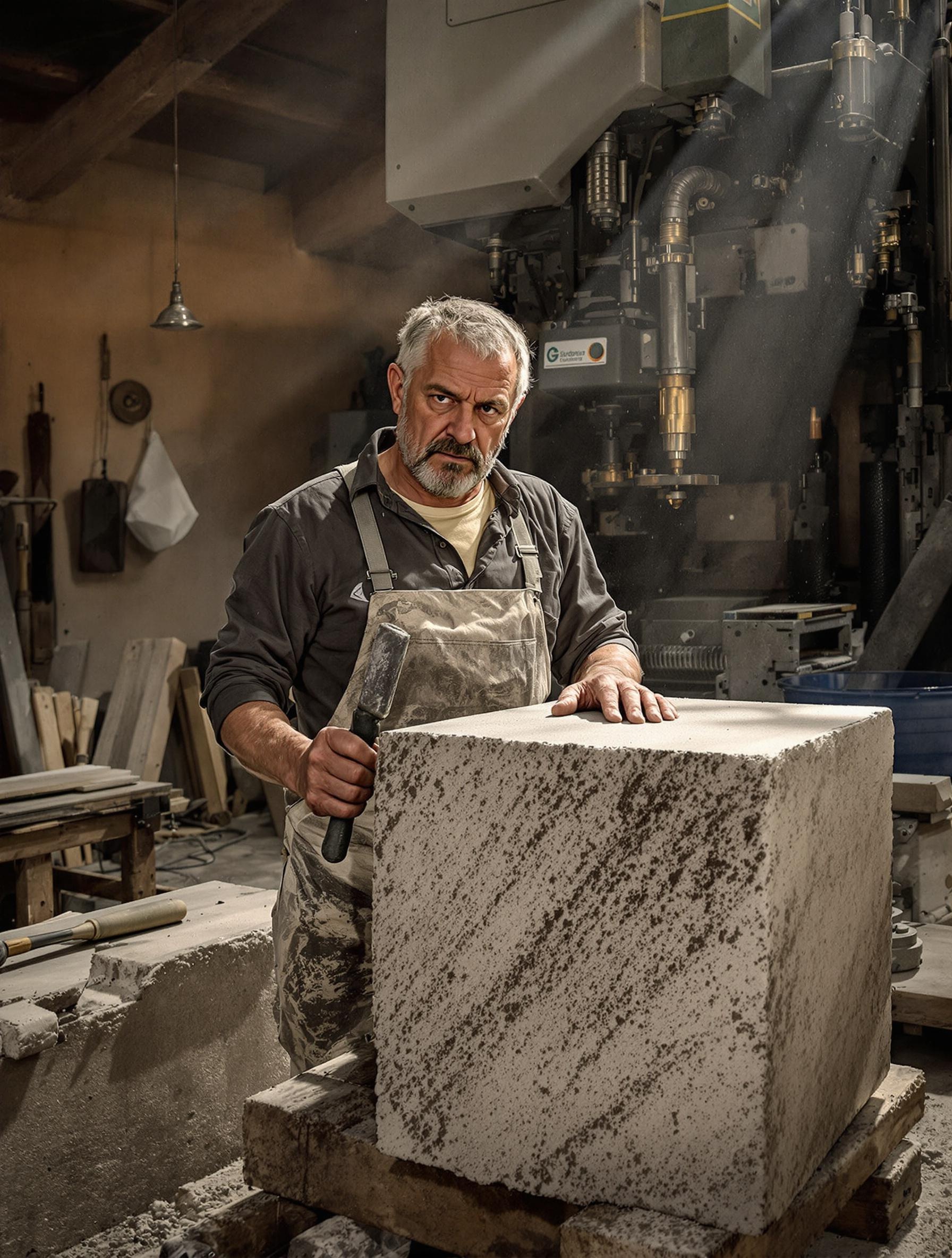 tailleur de pierre utilisant un burin sur du calcaire dans un atelier traditionnel