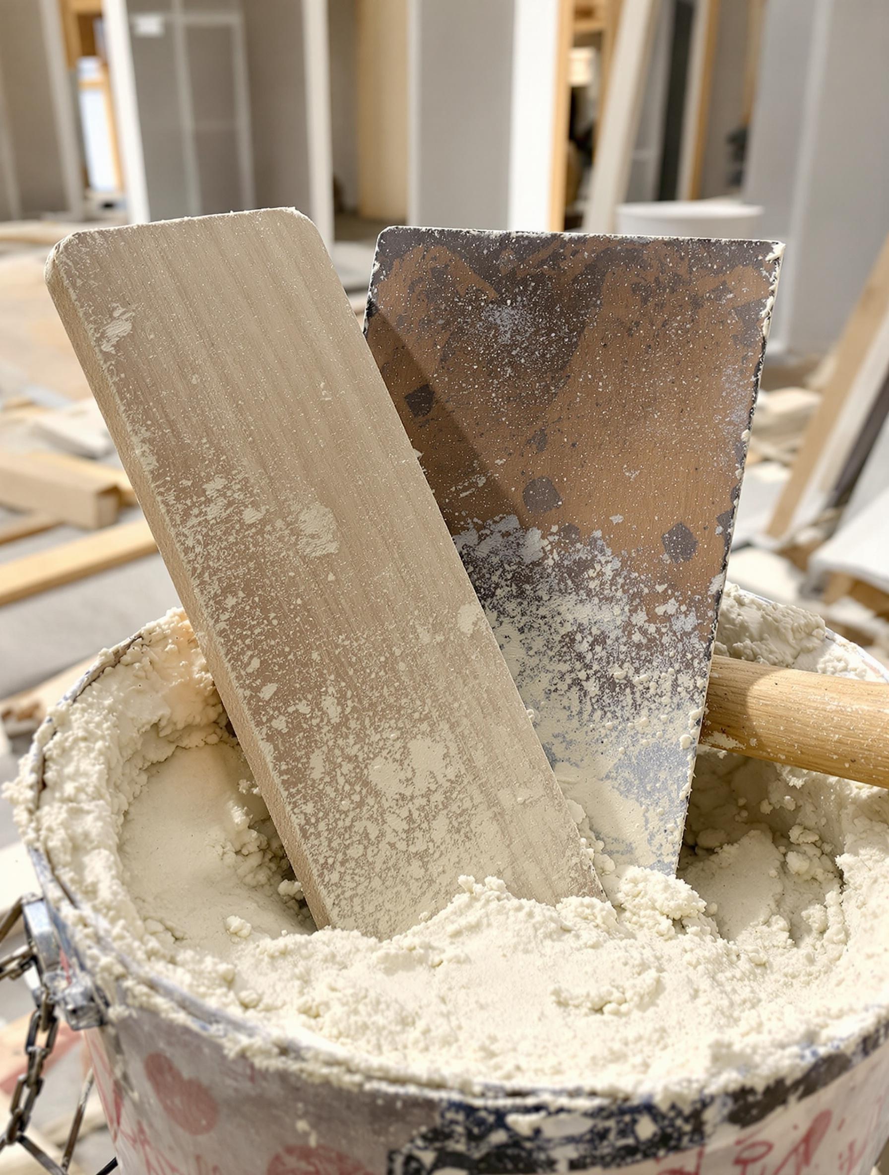 Taloche et planche à clous prêtes pour un chantier d’enduit gratté