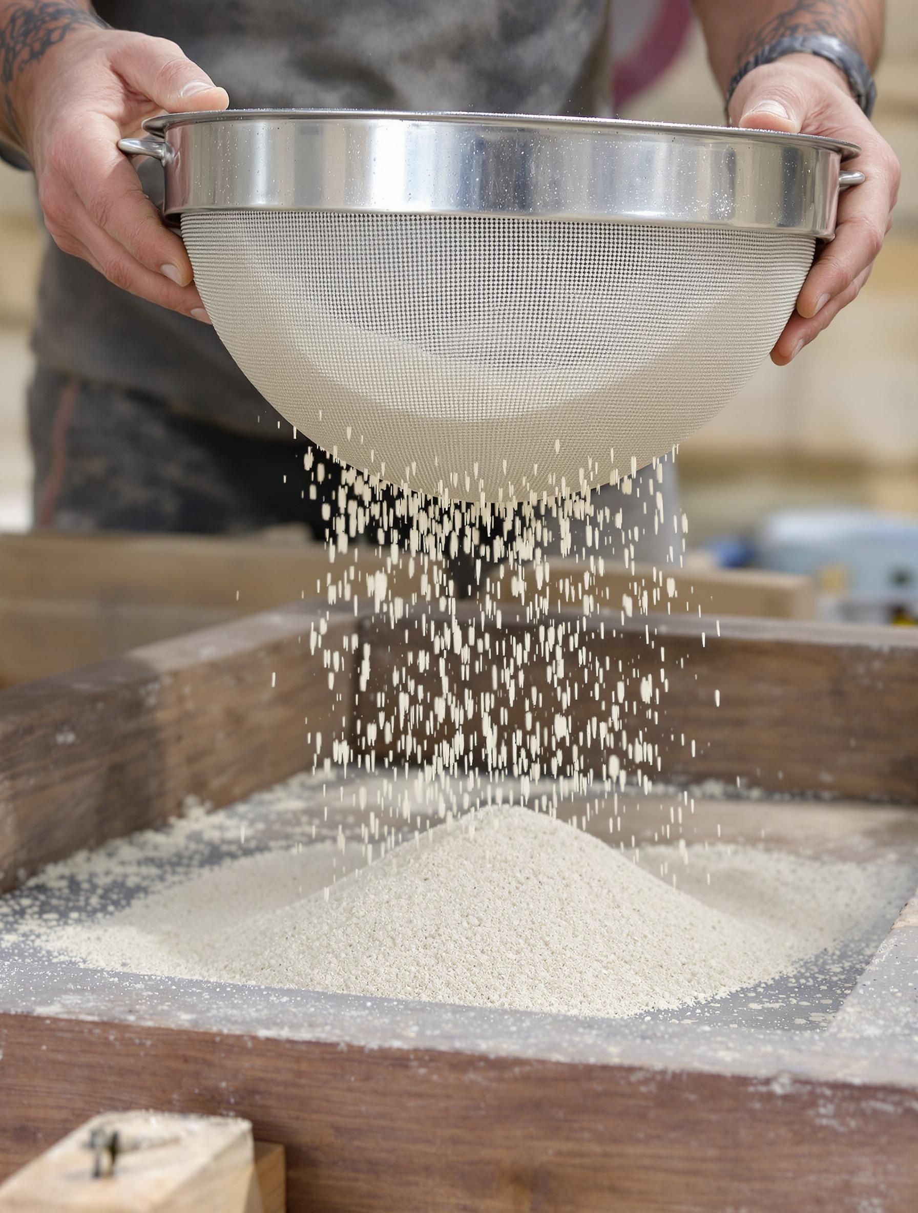 Tamisage du sable pour mortier de chaux