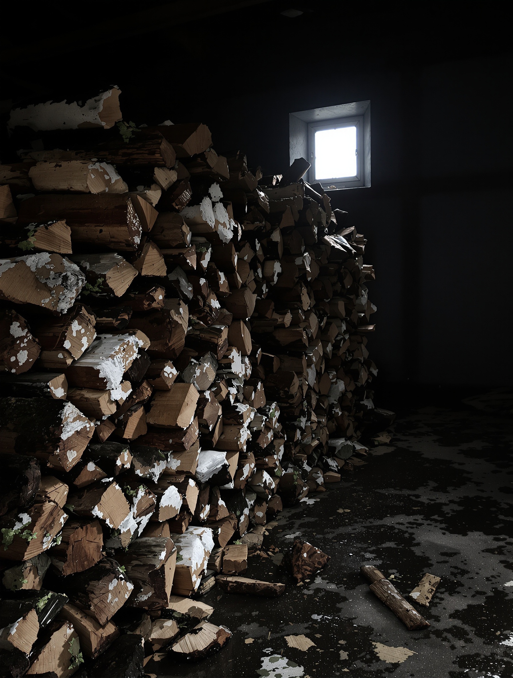 Tas de bois humide et moisi dans un garage sombre