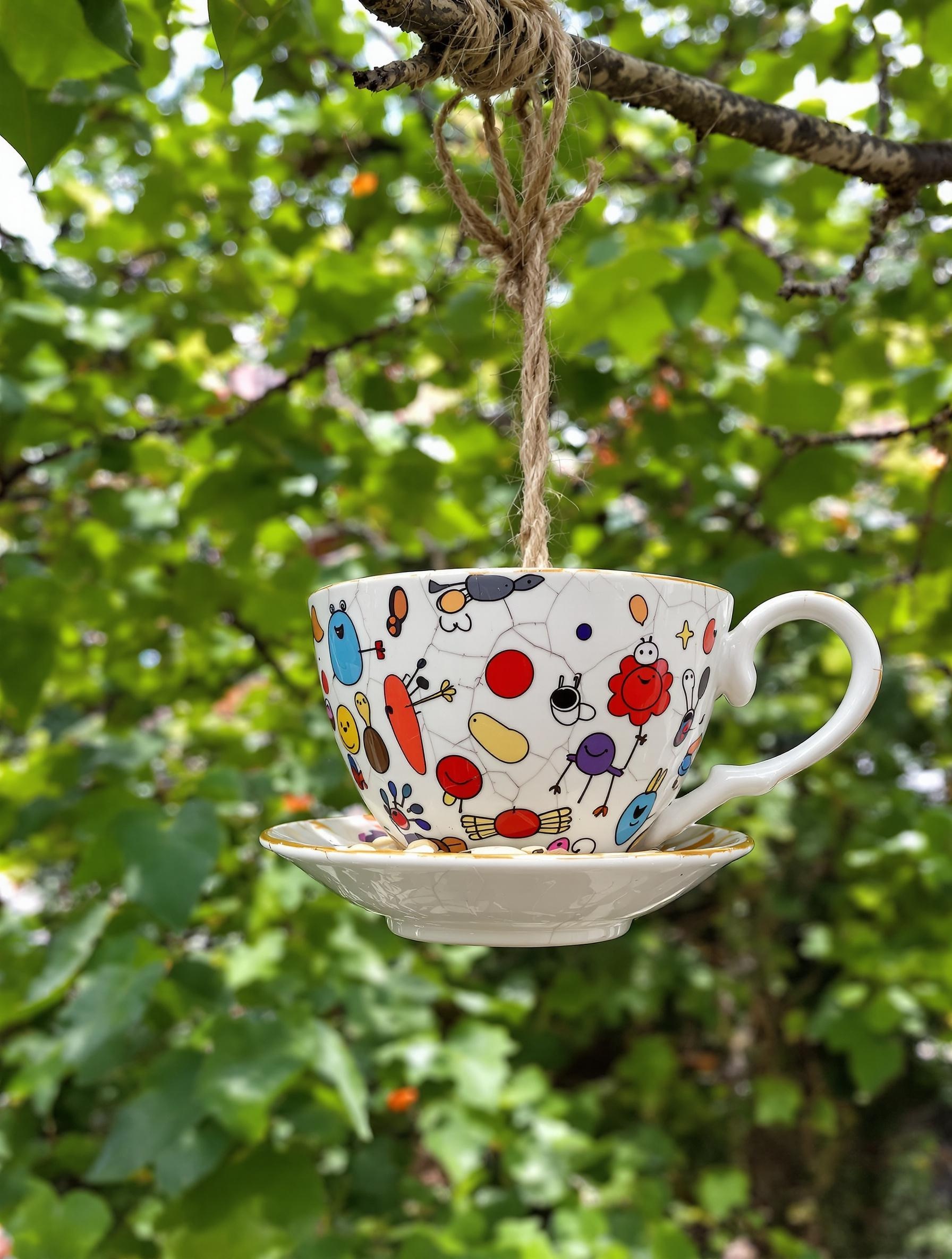 Tasse recyclée transformée en mangeoire vintage pour balcon.