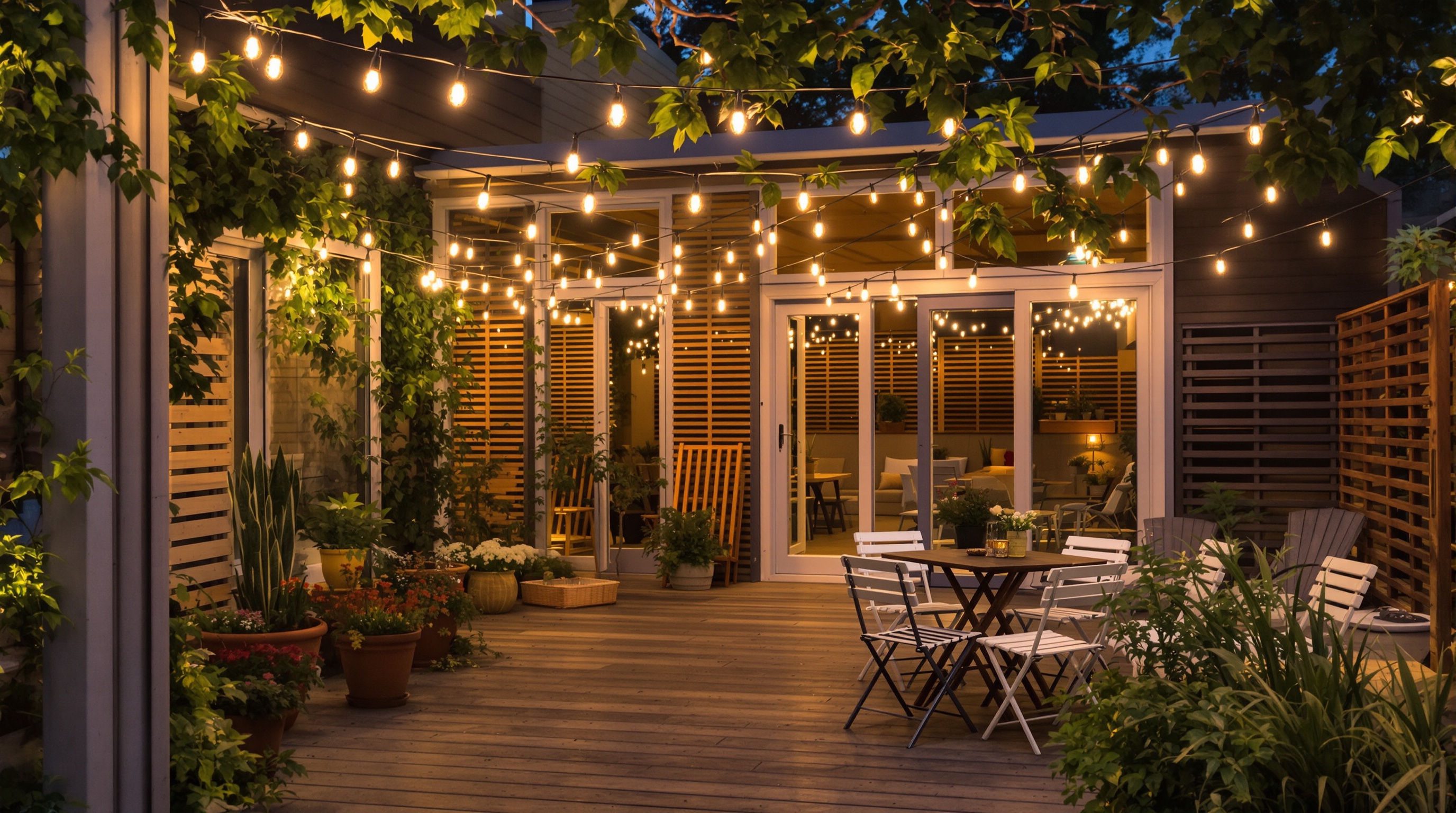 Terrasse bois guirlande lumineuse style guinguette festive