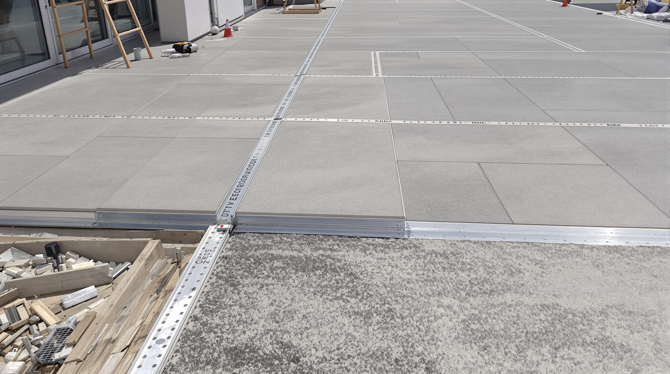 Terrasse extérieure montrant l’alignement précis des joints avec ceux de dilatation