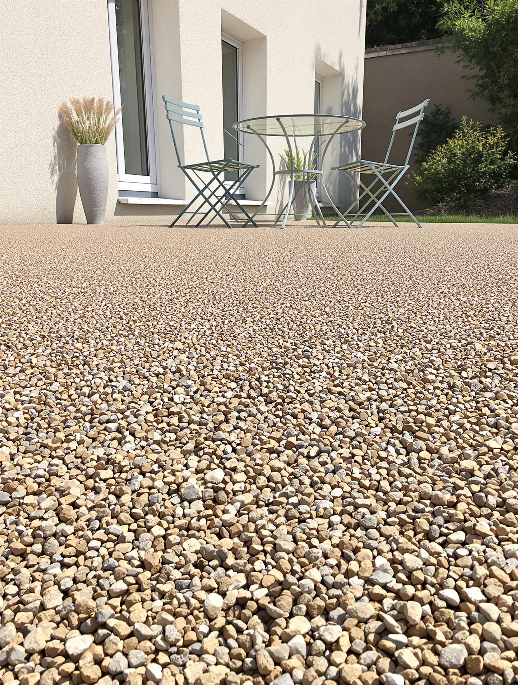Terrasse économique en gravier compacté, mobilier de jardin sobre, mise en place pratique.
