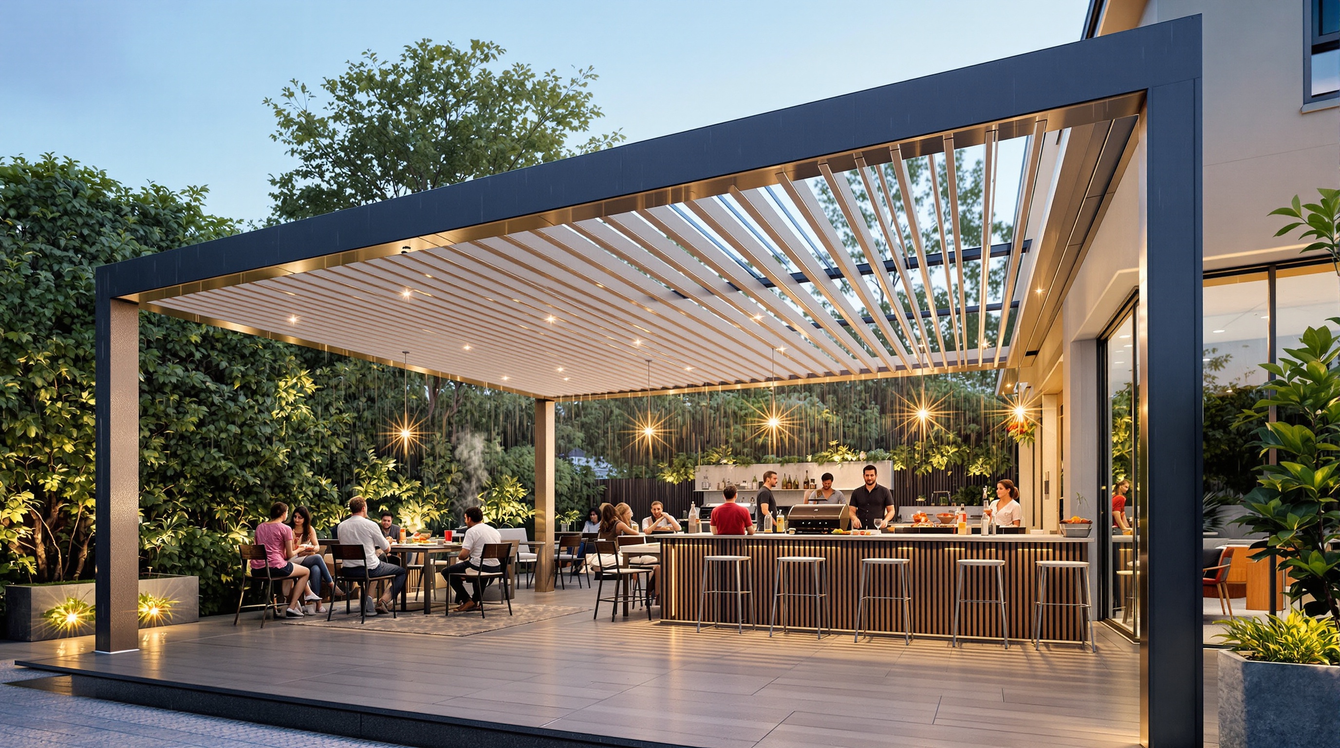 Pergola bioclimatique en aluminium sur terrasse moderne avec barbecue sous la pluie