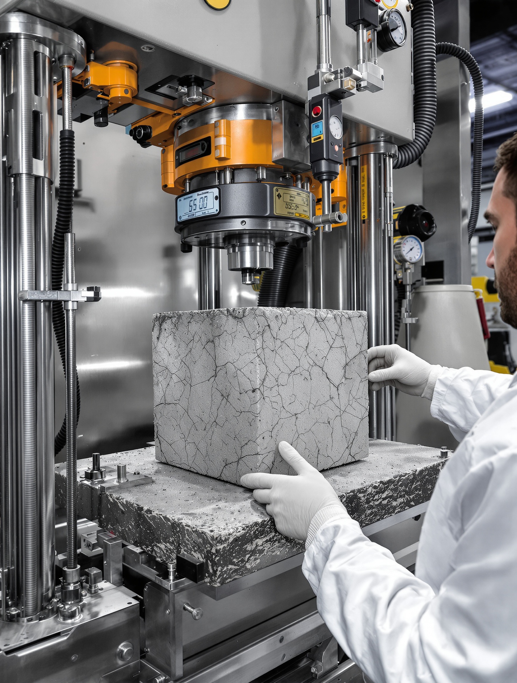 Test de compression d'un cube de béton, labo, technicien concentré
