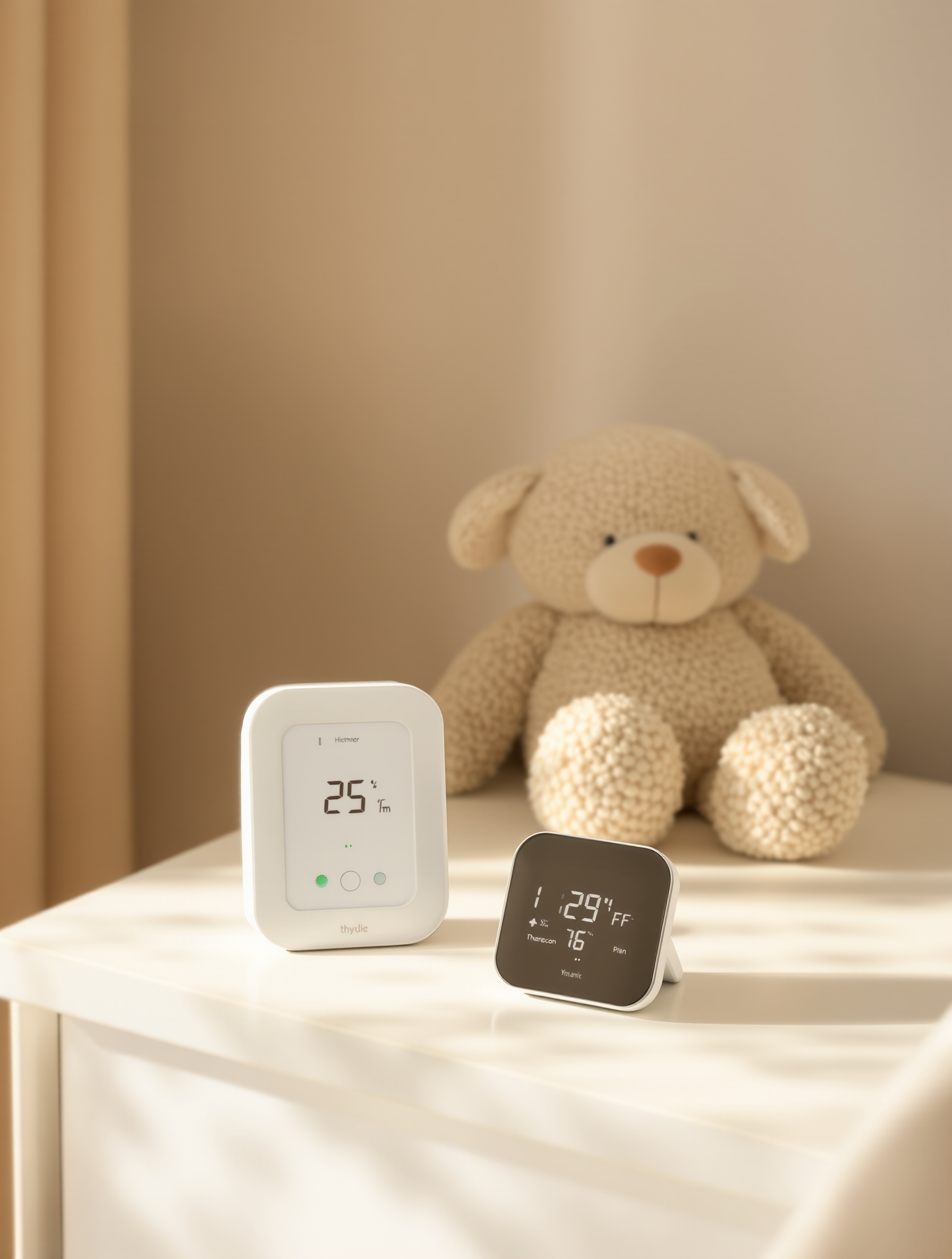 Thermomètre et hygromètre côte à côte évoquant une chambre d'adulte ou bébé