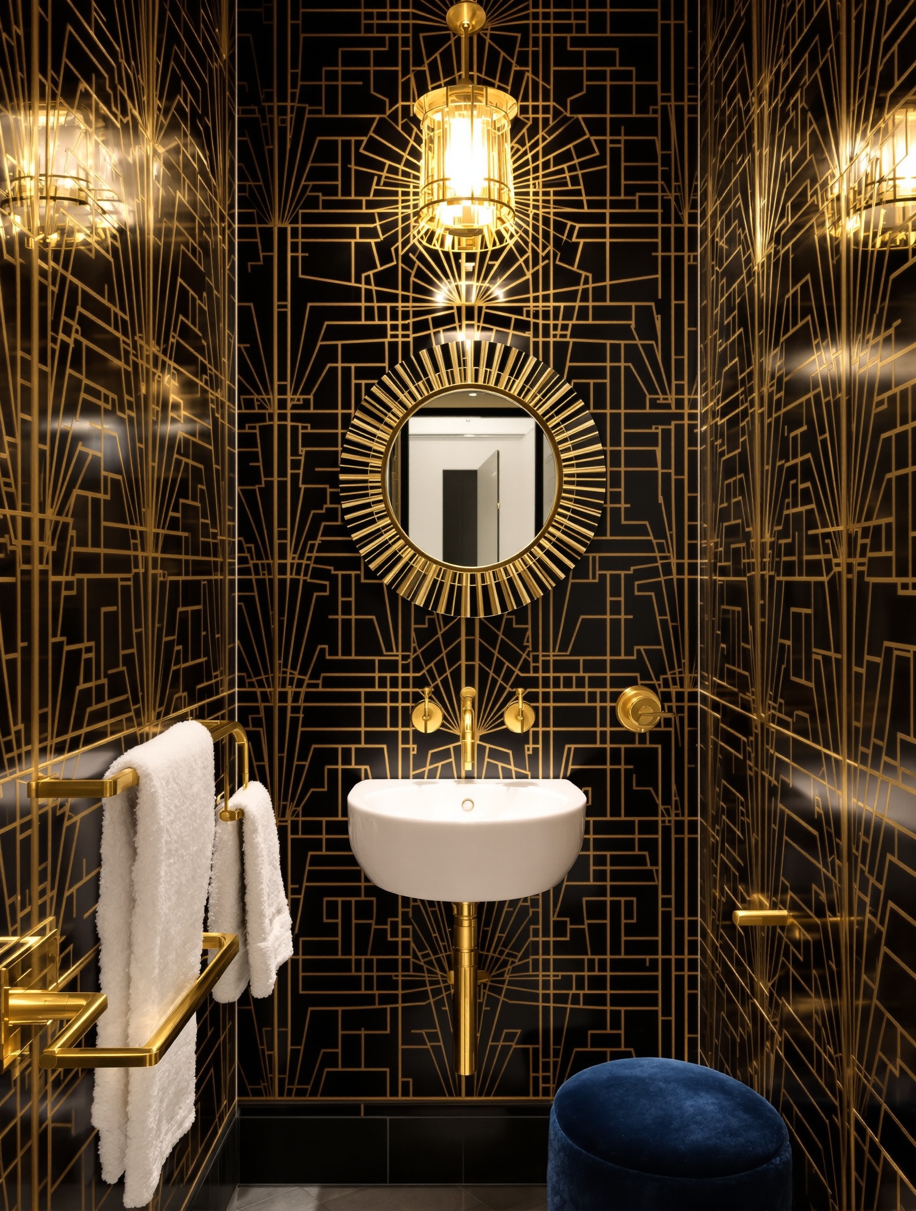 Toilettes Art Déco Chic papier peint géométrique or noir