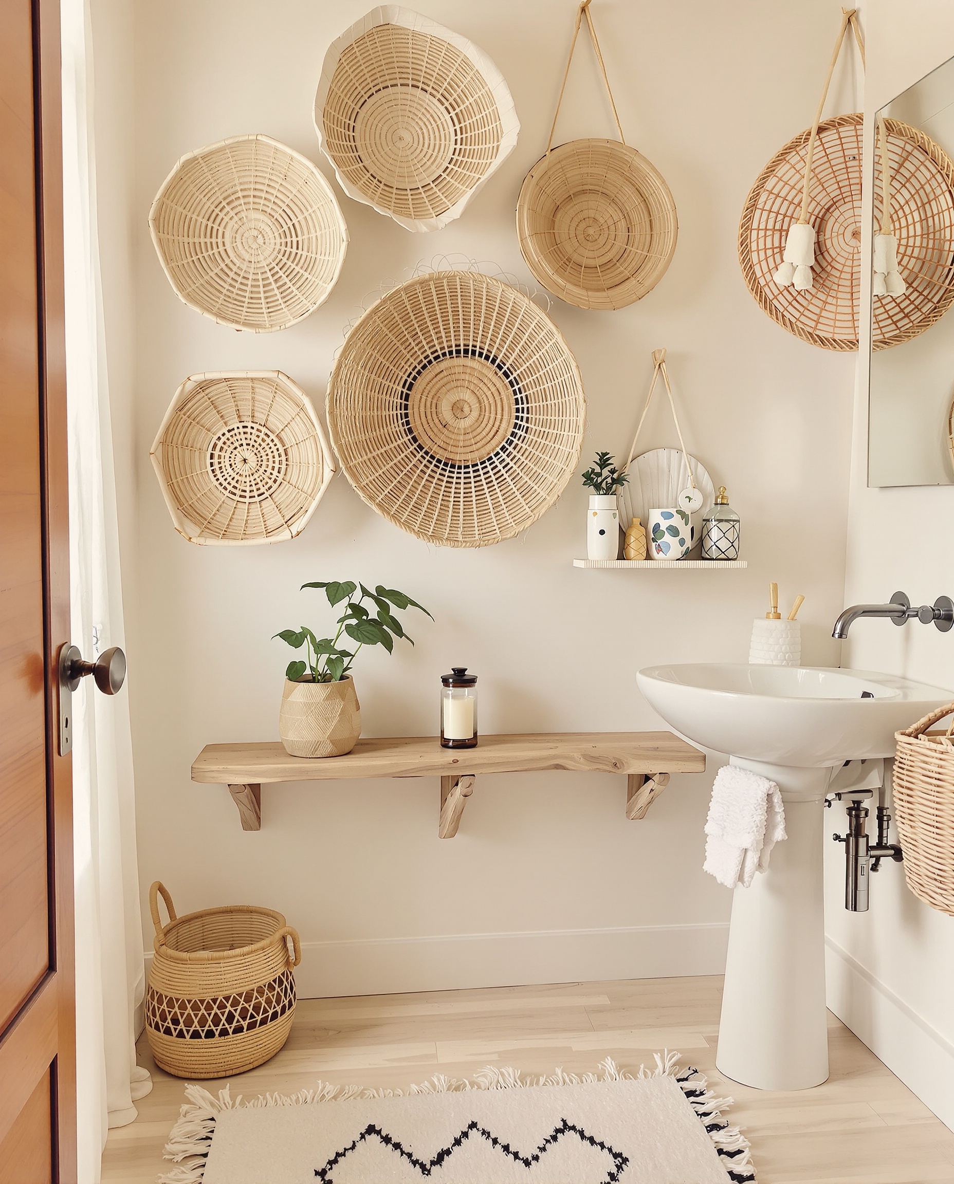 Toilettes bohème détente tapis berbère naturel osier zen
