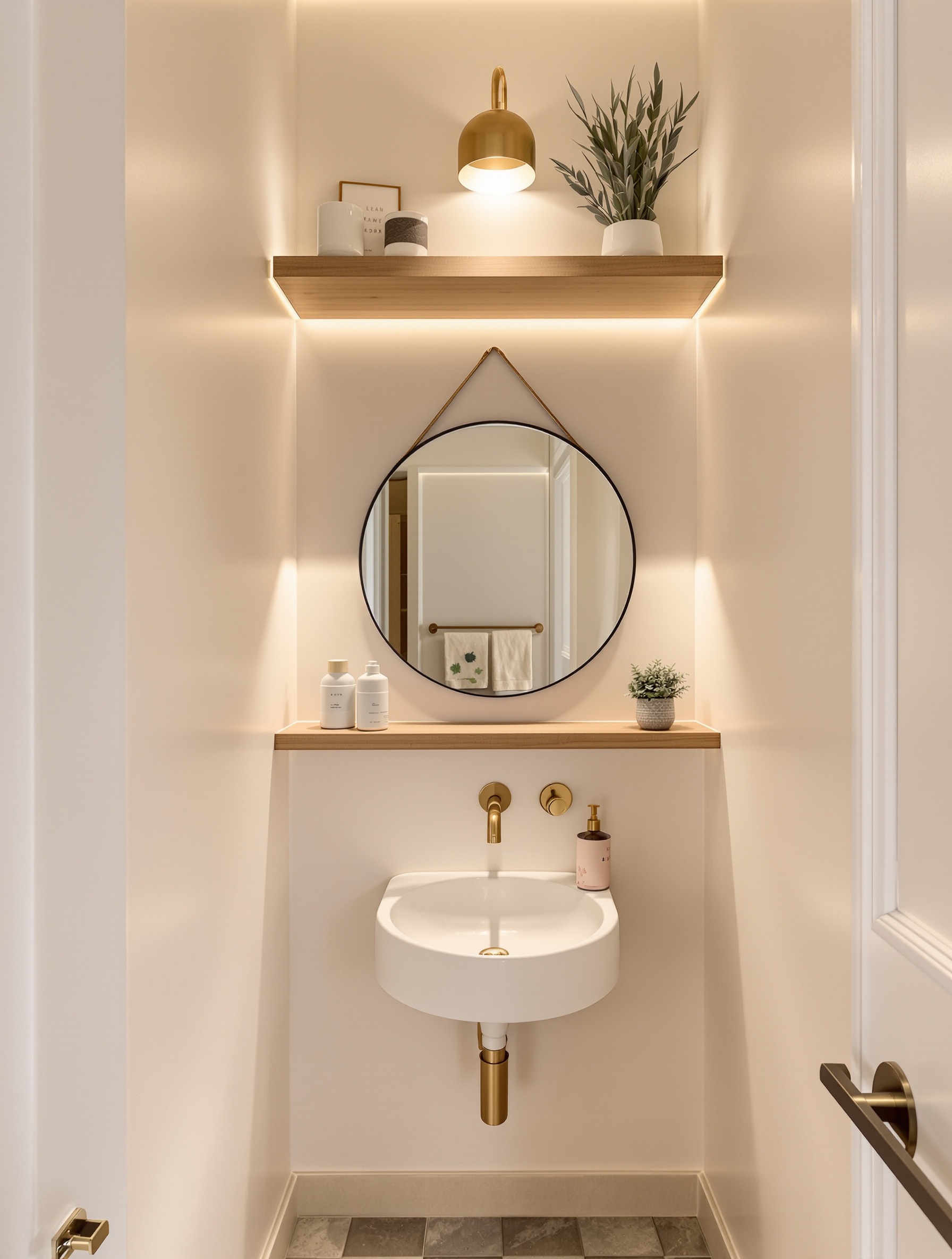 toilettes minuscules décorées de façon cosy avec étagères murales, miroir rond et lumière douce, ambiance chaleureuse et moderne
